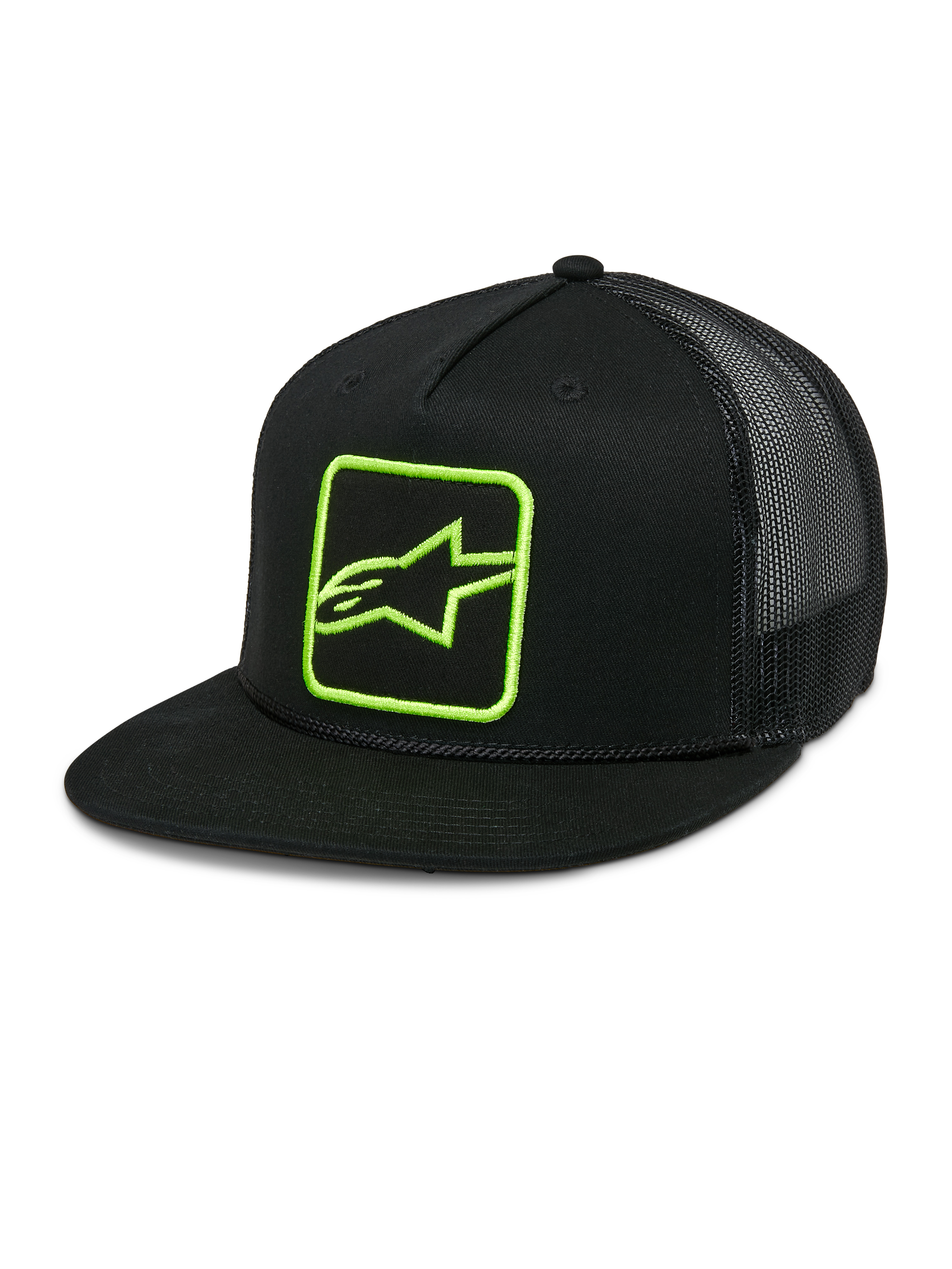 Alpinestars Control Trucker Hat, Black with Neon Green Logo, Mesh Back Snapback Cap, Flat Bill with Braided Rope Detail, Structured Front Panel with Embroidered Astars Logo, Casual Motorsport Style