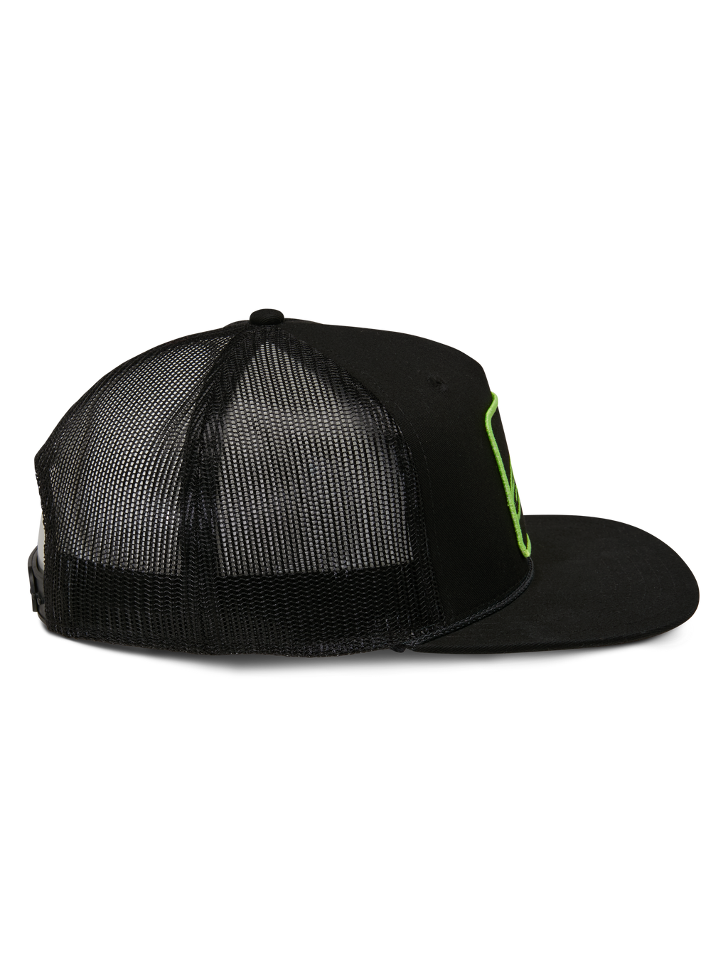 Alpinestars Control Trucker Hat, Trucker Hat, Black, Side View with Mesh Back and Flat Bill, Lime Green Embroidered Logo Outline, Casual Motorsport Streetwear
