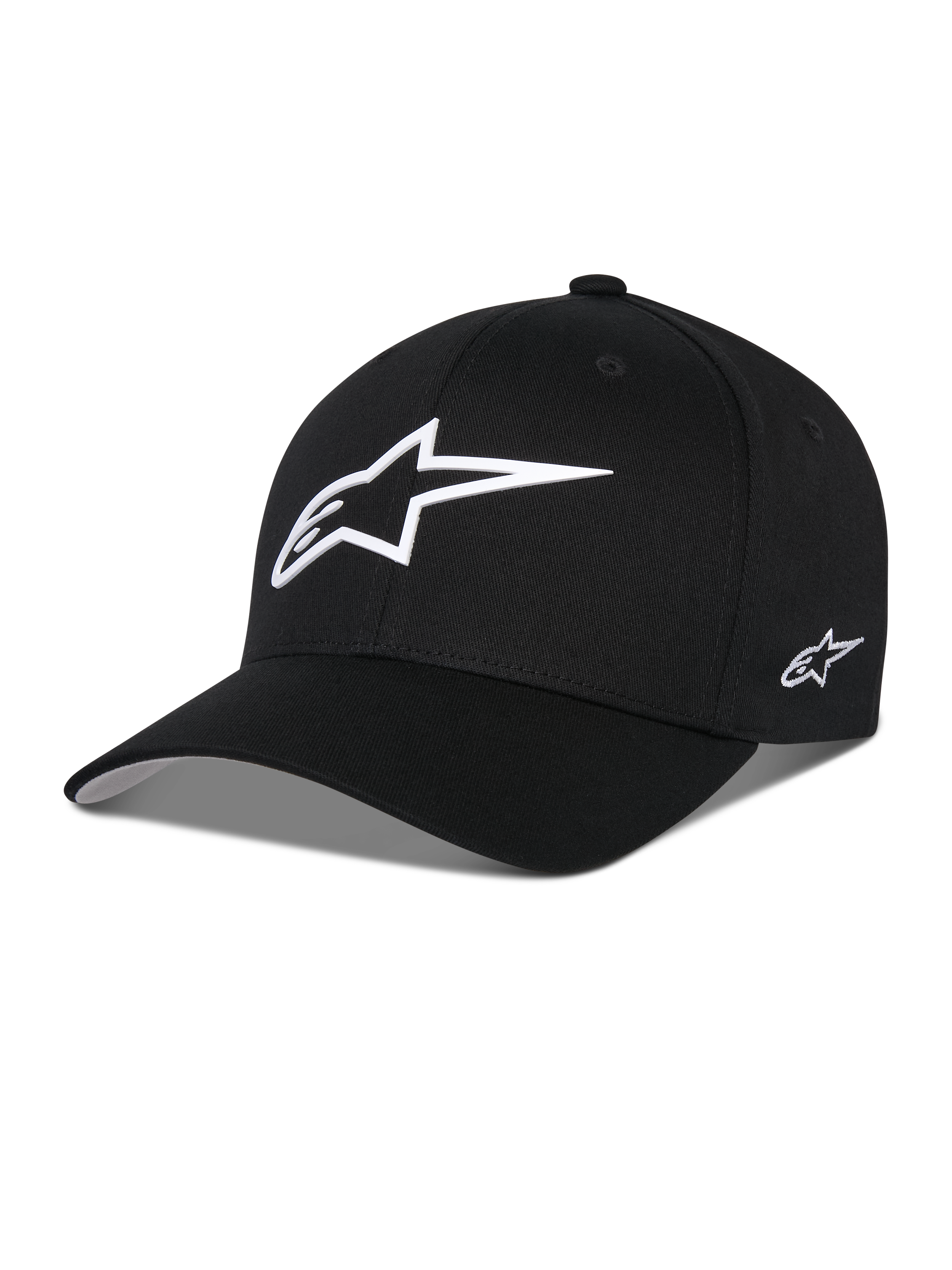 Alpinestars Ageless Multi Hat, zwarte baseballcap met groot wit 3D-sterlogo op de voorkant en klein geborduurd logo op de zijkant, gebogen klep, gestructureerde kroon, casual motorsport-geïnspireerde hoofdbedekking