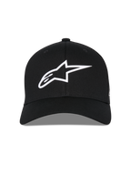 Alpinestars Ageless Multi pet, zwarte baseballcap, vooraanzicht, wit 3D Astars-logo, gebogen klep, gestructureerde kroon, casual sportkleding
