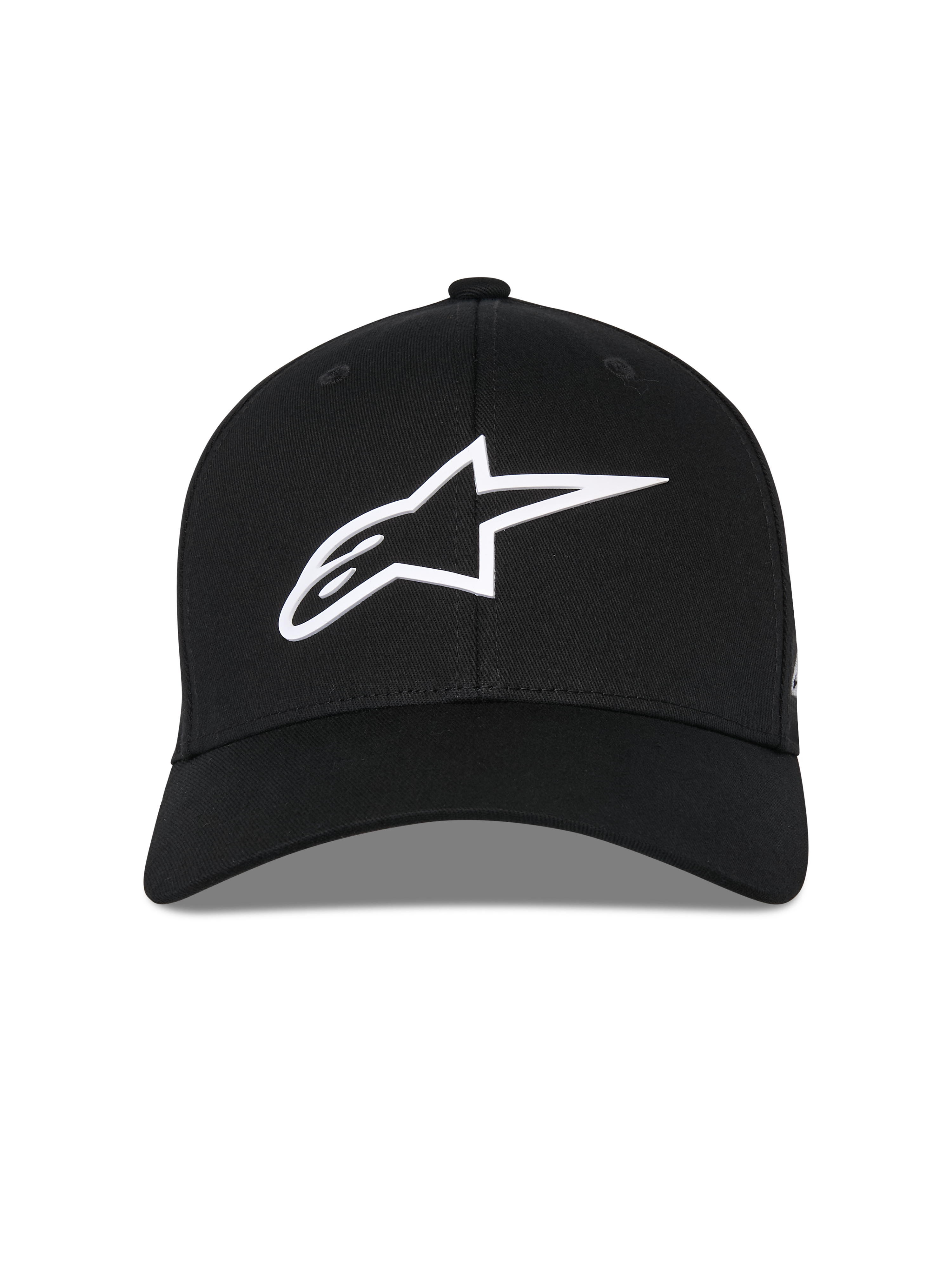 Alpinestars Ageless Multi pet, zwarte baseballcap, vooraanzicht, wit 3D Astars-logo, gebogen klep, gestructureerde kroon, casual sportkleding