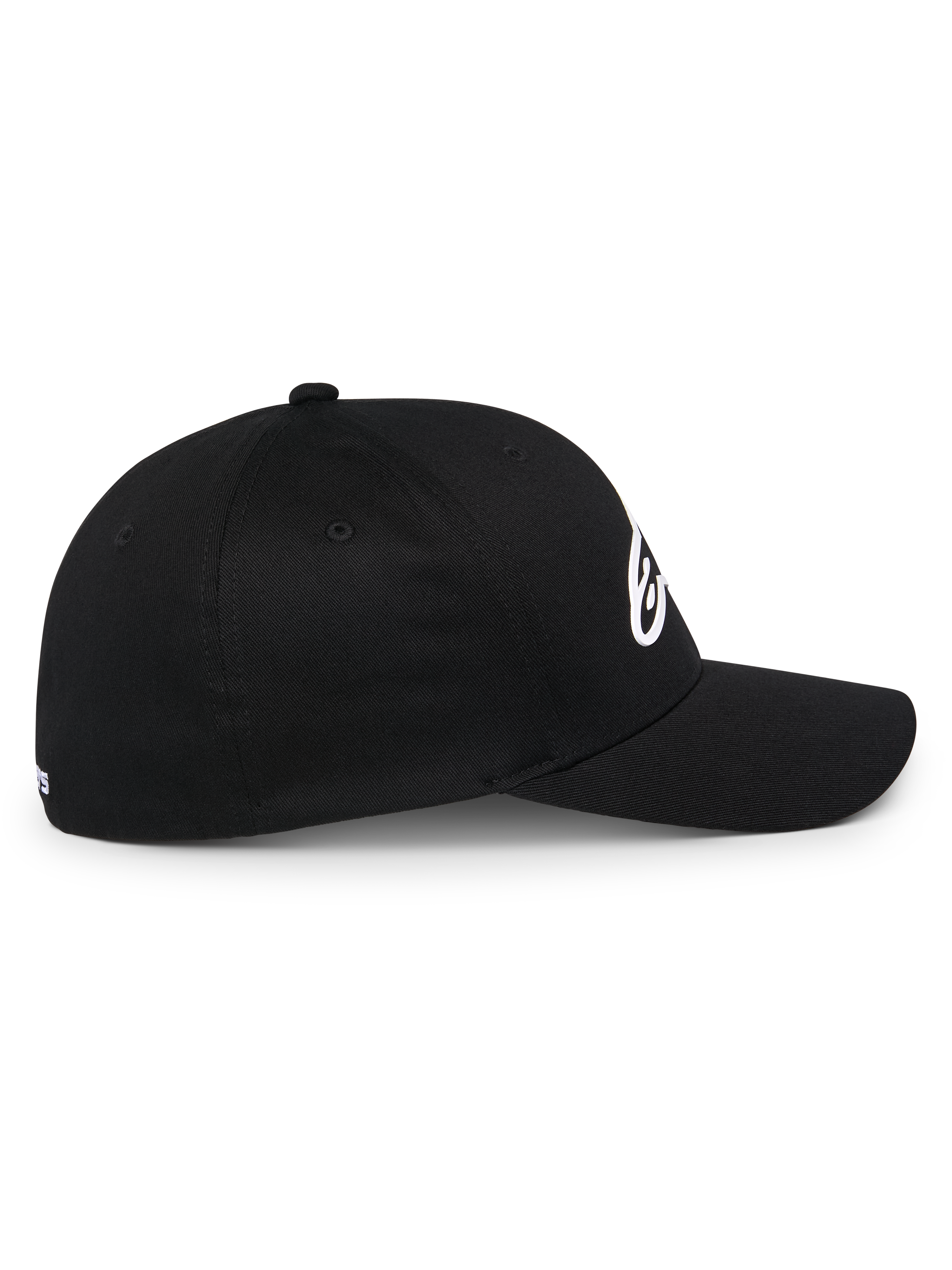 Alpinestars Ageless Multi pet, zwarte sportieve baseballcap, zijaanzicht, gebogen klep en gestructureerde kroon, wit 3D Astars logo, casual motorsport lifestyle
