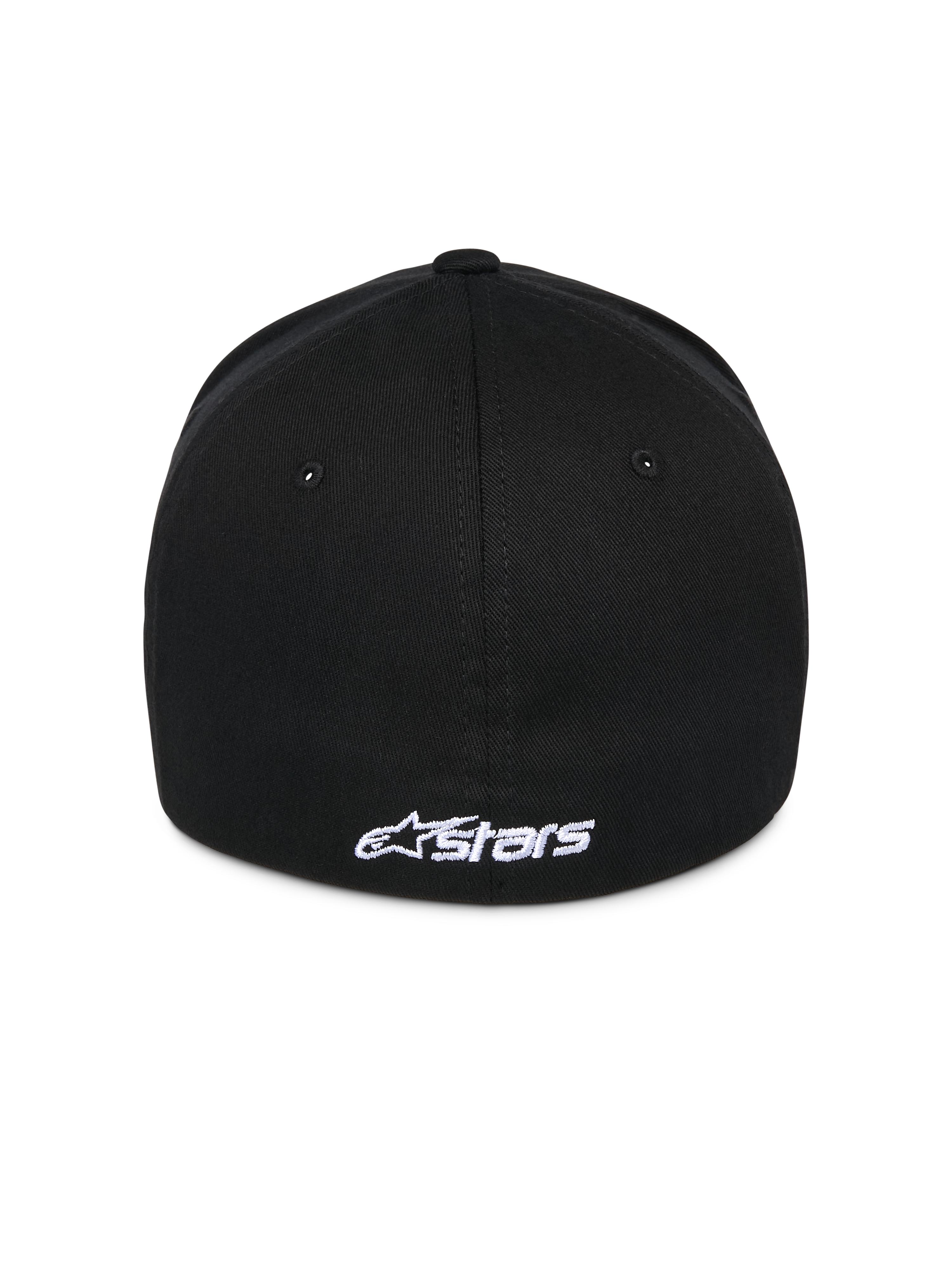 Alpinestars Ageless Multi pet, zwarte baseballcap, achteraanzicht met wit geborduurd Astars-logo, flexibele achterkant, casual sportieve stijl