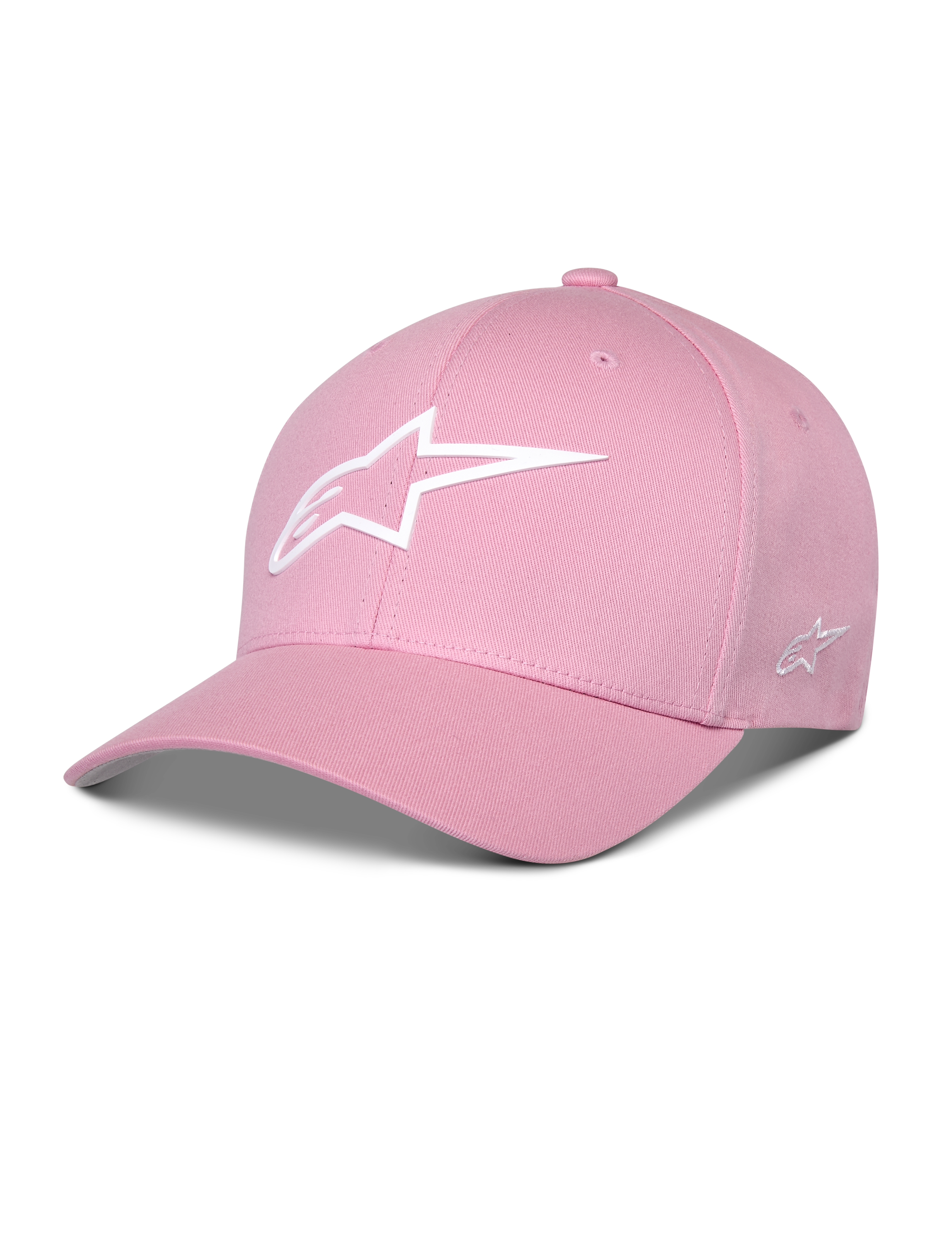 Alpinestars Ageless Multi Pet, roze baseballcap, gebogen klep, wit 3D Astars-logo, gestructureerde kroon, casual sportkleding