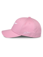 Alpinestars Ageless Multi Mütze, Pink, Seitenansicht, mit weißem 3D-Druck-Logo vorne und gesticktem Logo an der Seite, strukturierte Krone mit gebogenem Schirm, lässige vom Motorsport inspirierte Kopfbedeckung
