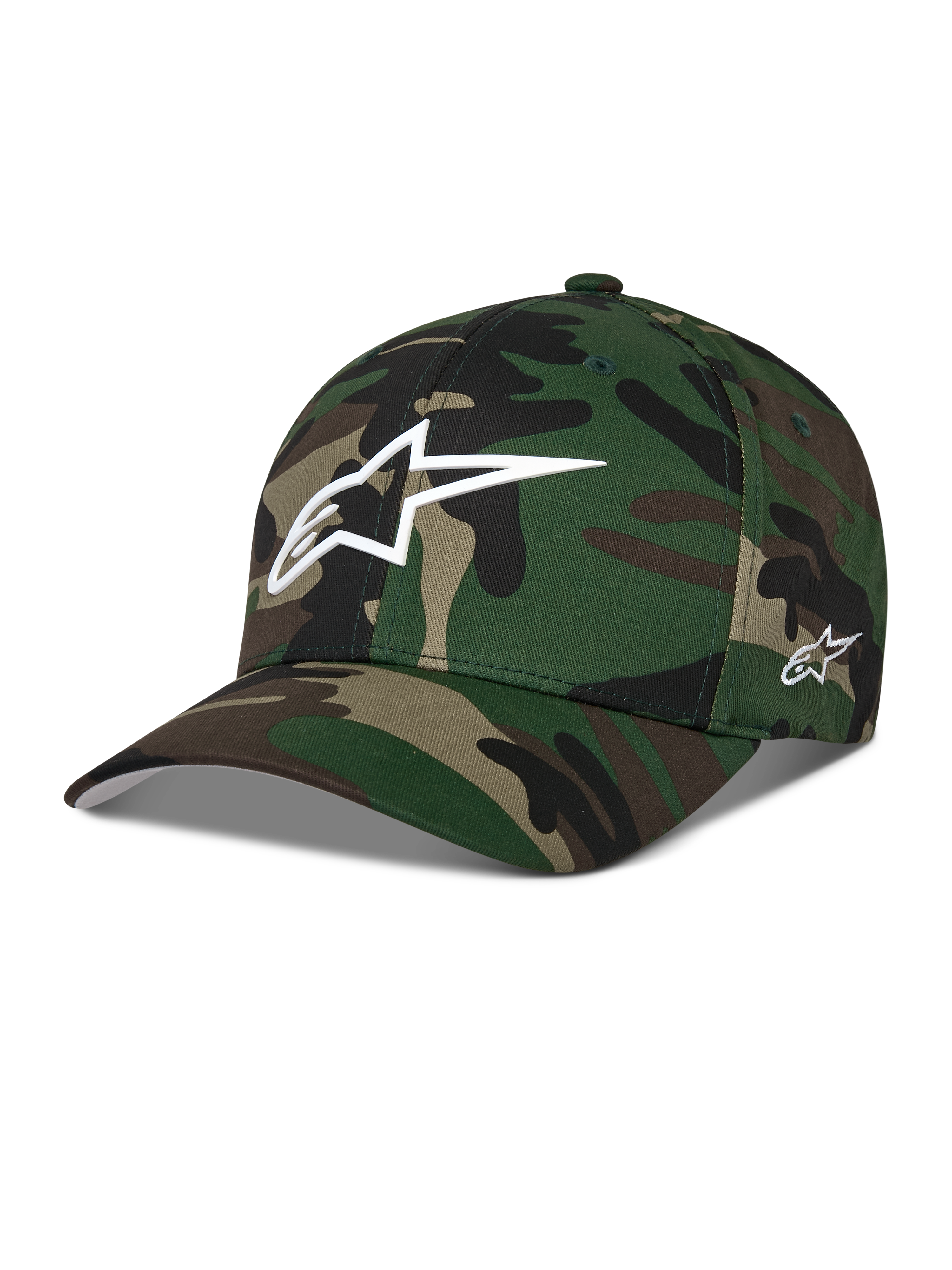 Alpinestars Ageless Multi Hat, Baseball-Cap im grünen Camouflage-Design, mit weißem 3D-Astars-Logo auf der Vorderseite und seitlicher Stickerei, gebogener Schirm, strukturierte Krone, lässige, vom Motorsport inspirierte Streetwear