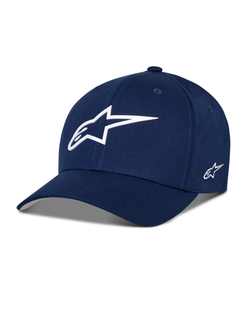 Alpinestars Ageless Multi pet, donkerblauwe baseballcap, wit 3D-sterlogo op de voorkant, geborduurd logo aan de zijkant, gebogen klep, casual sportswear lifestyle hoofddeksel