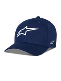 Alpinestars Ageless Multi pet, donkerblauwe baseballcap, wit 3D-sterlogo op de voorkant, geborduurd logo aan de zijkant, gebogen klep, casual sportswear lifestyle hoofddeksel