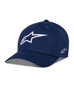 Alpinestars Ageless Multi pet, donkerblauwe baseballcap, wit 3D-sterlogo op de voorkant, geborduurd logo aan de zijkant, gebogen klep, casual sportswear lifestyle hoofddeksel