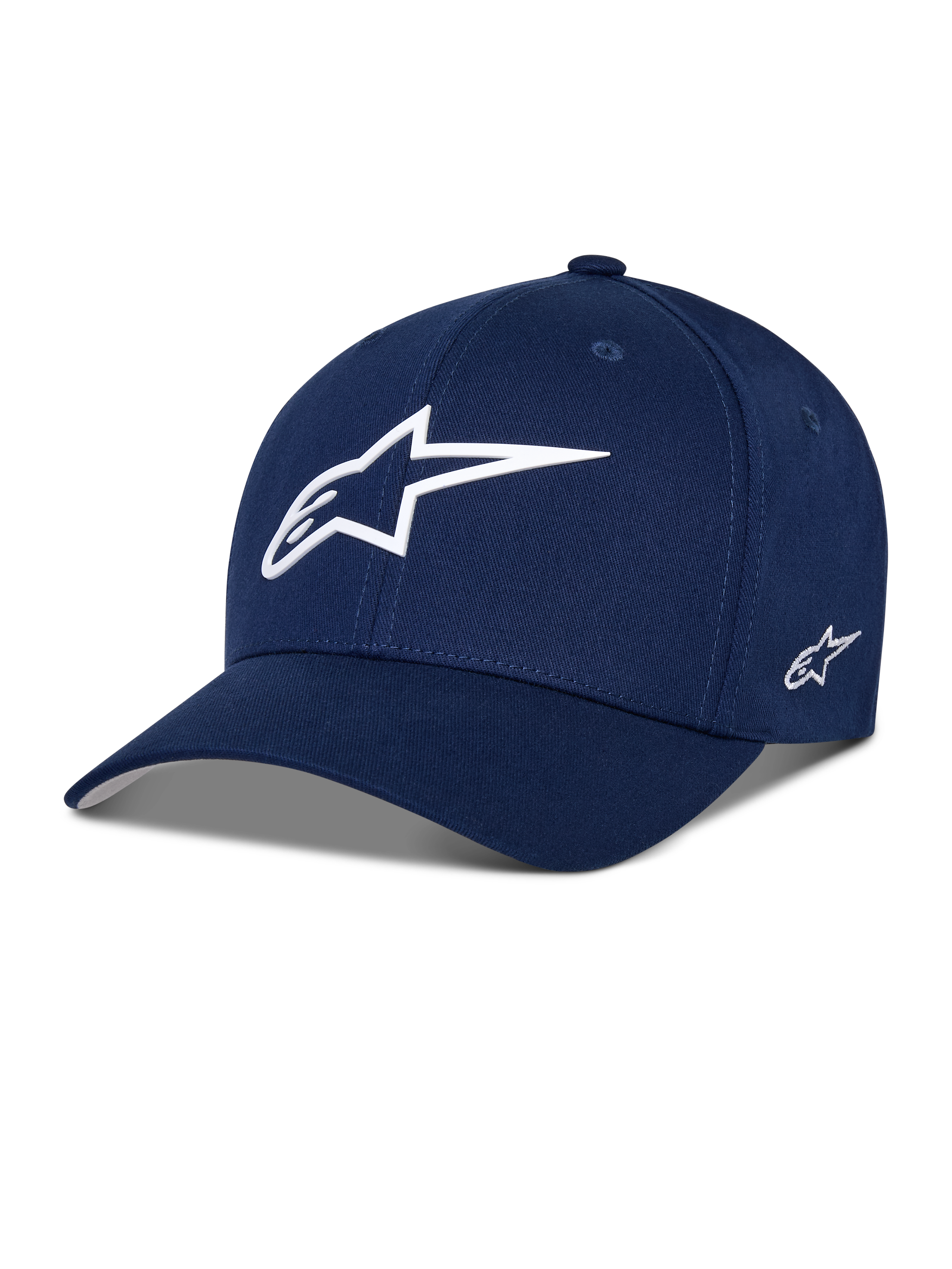 Alpinestars Ageless Multi Hat, dunkelblaue Baseball-Cap, weißes 3D-Stern-Logo auf der Vorderseite, besticktes Seitenlogo, gebogener Schirm, lässige Sportswear-Lifestyle-Kopfbedeckung