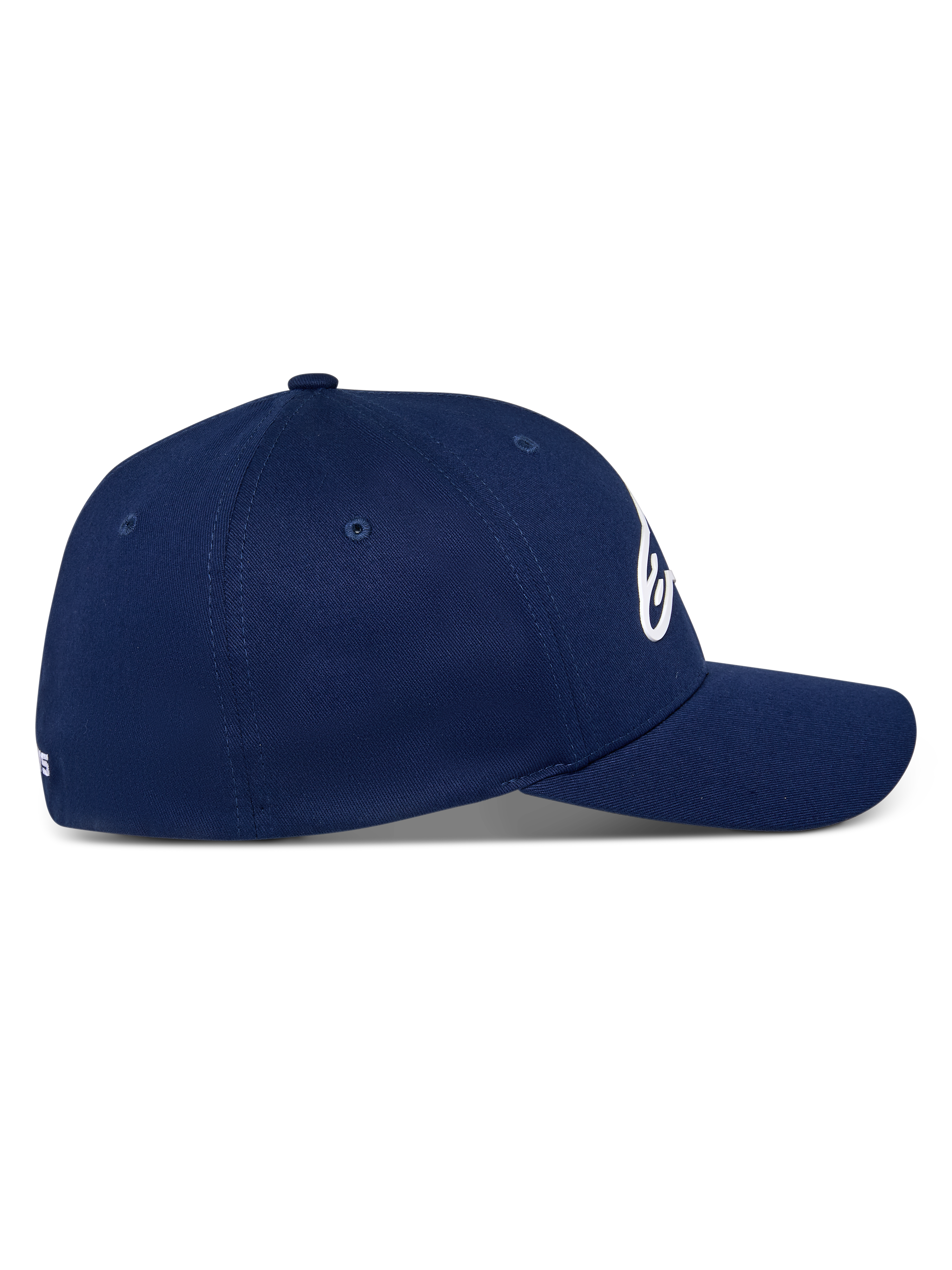 Alpinestars Ageless Multi pet, donkerblauw, zijaanzicht van een baseballcap met gebogen klep, gestructureerde kroon, stretch twill materiaal, casual motorsport-geïnspireerde hoofdbedekking