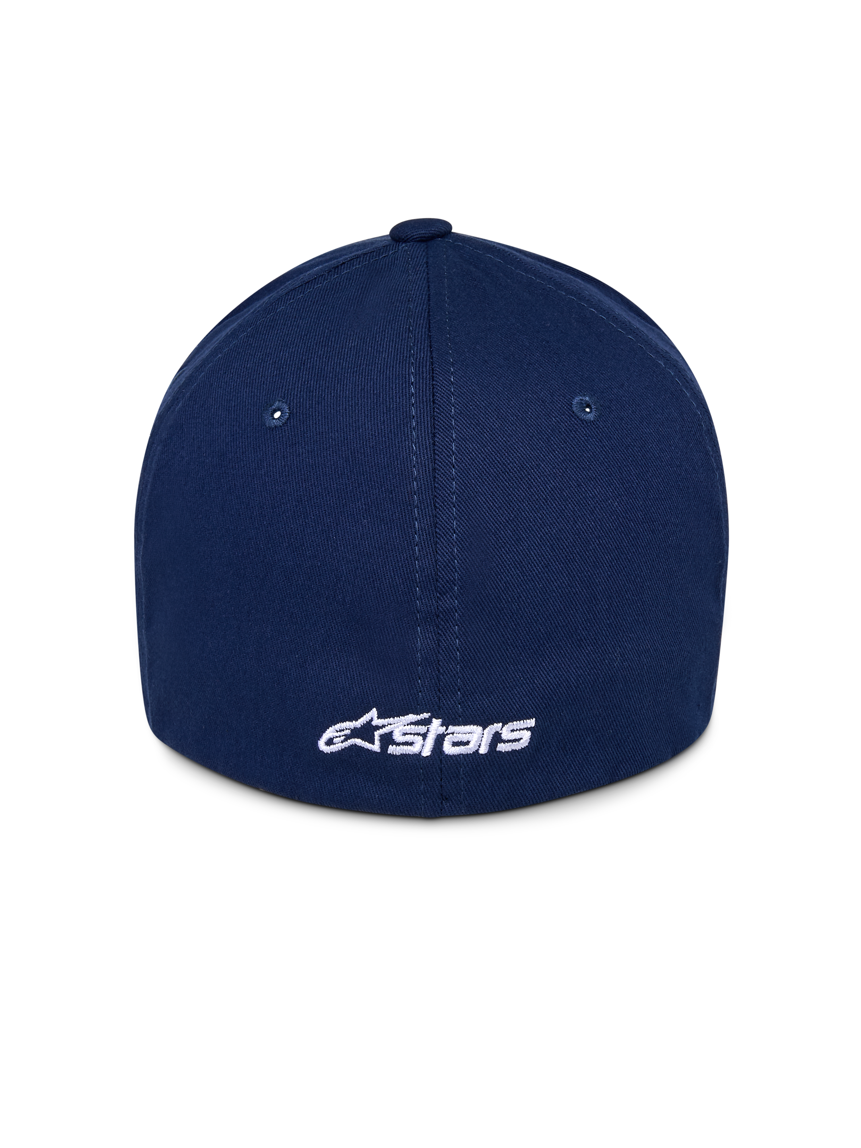Alpinestars Ageless Multi pet, donkerblauwe baseballpet, achteraanzicht met wit geborduurd Astars-logo, gestructureerde kroon met gestikte panelen, casual motorsport-geïnspireerde hoofdbedekking