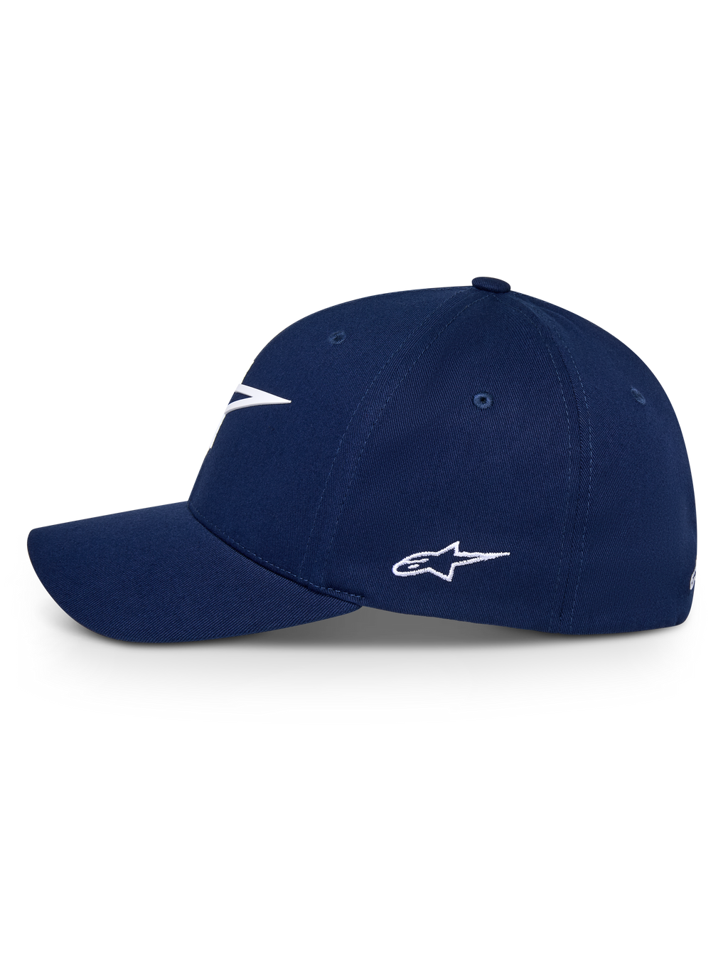 Alpinestars Ageless Multi pet, marineblauw, zijaanzicht van een baseballcap met gebogen klep, wit geborduurd Astars-logo, casual sportieve hoofdbedekking