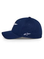 Alpinestars Ageless Multi pet, marineblauw, zijaanzicht van een baseballcap met gebogen klep, wit geborduurd Astars-logo, casual sportieve hoofdbedekking