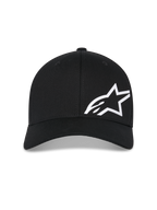 Alpinestars Corp Shift Multi pet, zwarte baseballcap, wit 3D-geprint Astars-logo op de voorkant, gebogen klep, gestructureerde kroon, casual motorsport-geïnspireerde hoofdbedekking