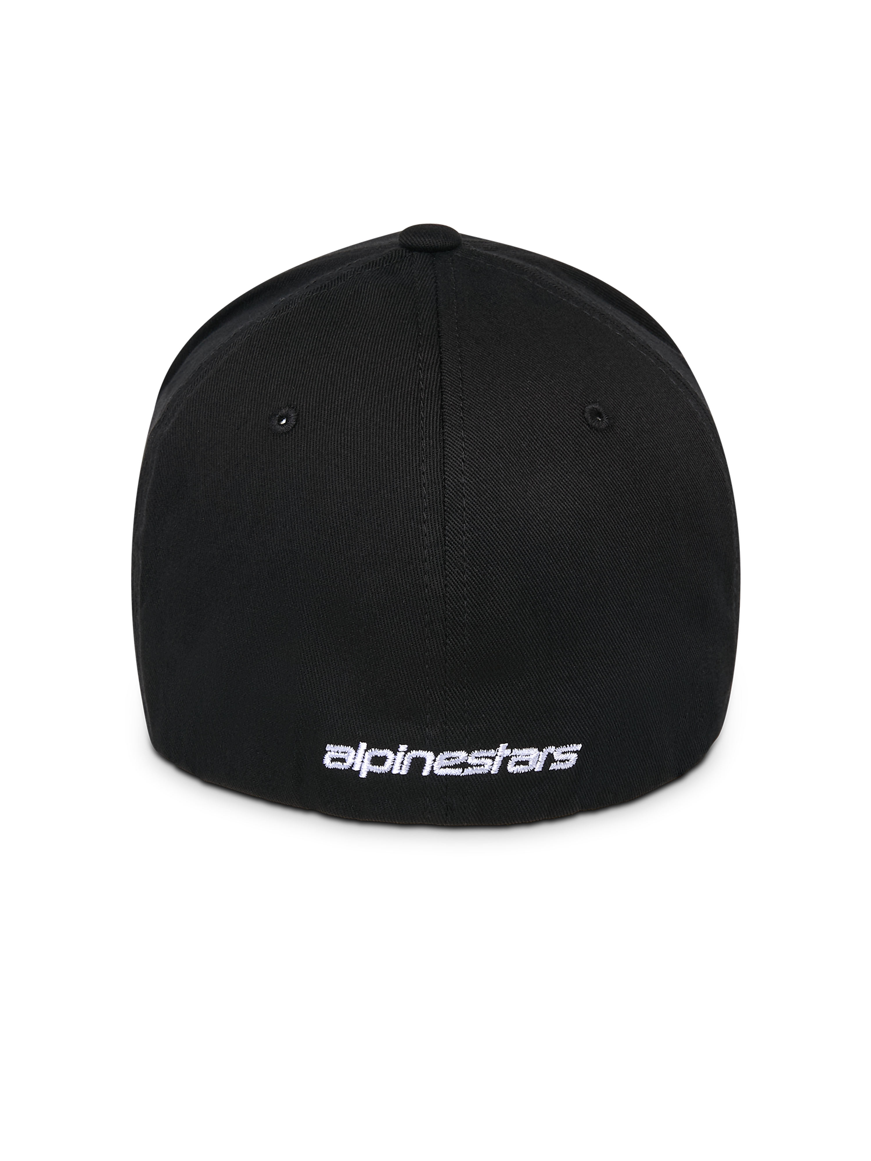 Alpinestars Corp Shift Multi pet, zwart, achteraanzicht met wit plat geborduurd logo aan de basis, flexibele stretch-fit constructie, casual motorsport-geïnspireerde pet
