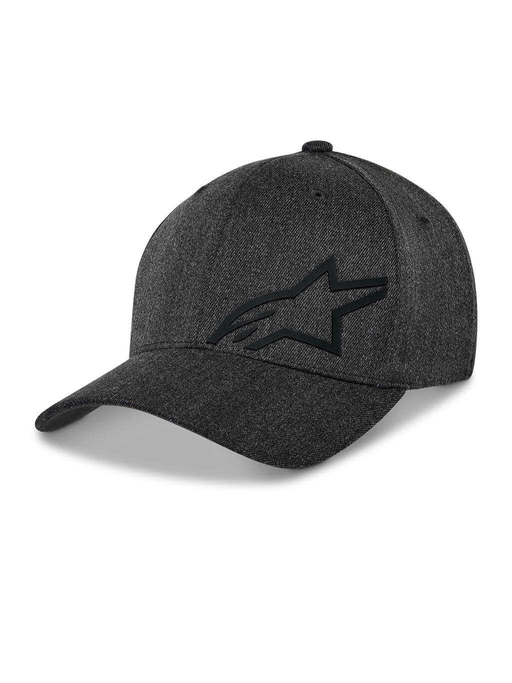 Alpinestars Corp Shift Multi pet, baseballcap, donkergrijs gemêleerd, zwart 3D Astars-logo, gestructureerde kroon, gebogen klep, stretch twill stof, casual motorsport lifestyle hoofdbedekking