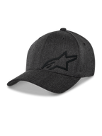 Alpinestars Corp Shift Multi pet, baseballcap, donkergrijs gemêleerd, zwart 3D Astars-logo, gestructureerde kroon, gebogen klep, stretch twill stof, casual motorsport lifestyle hoofdbedekking