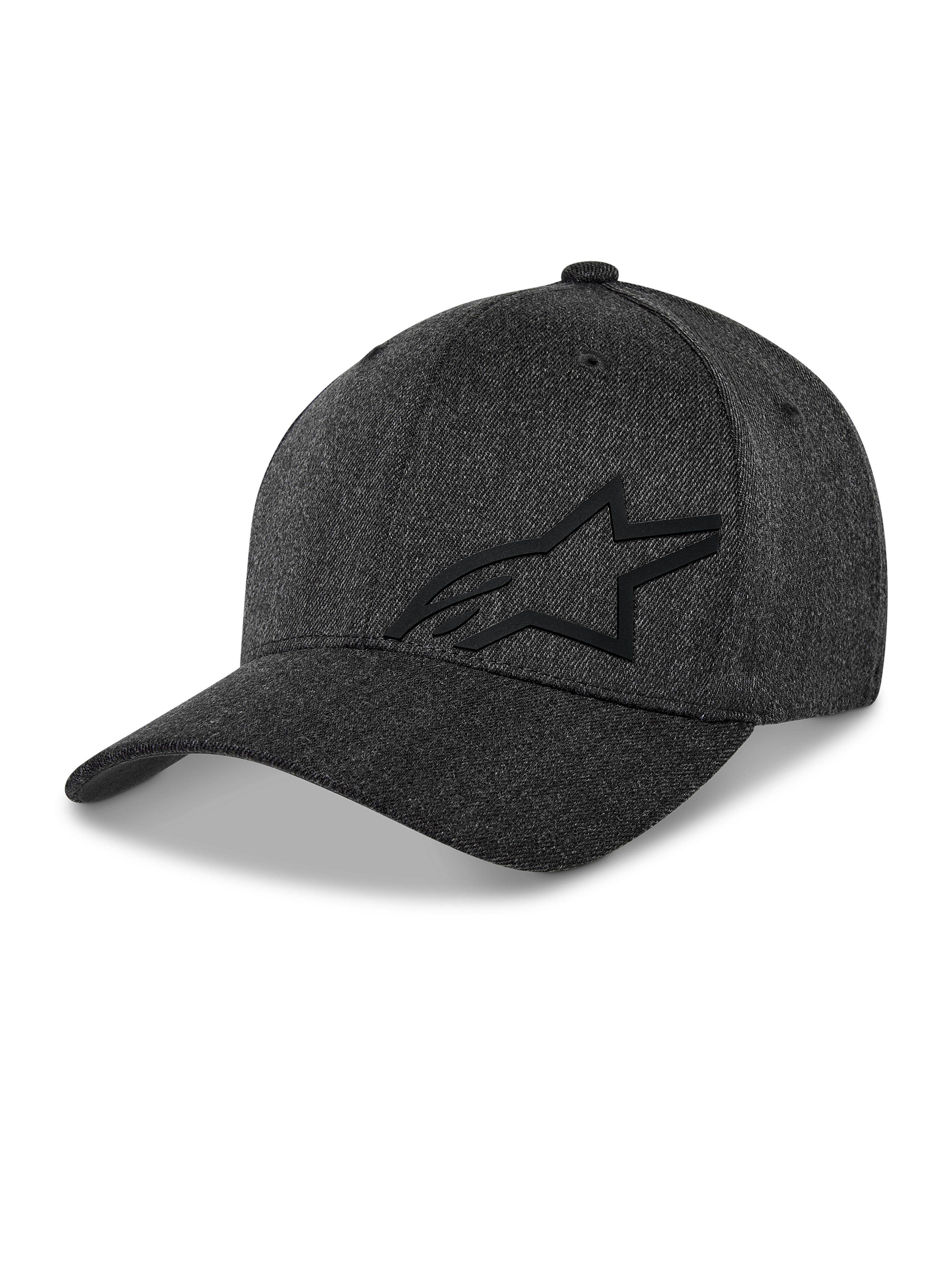 Alpinestars Corp Shift Multi pet, baseballcap, donkergrijs gemêleerd, zwart 3D Astars-logo, gestructureerde kroon, gebogen klep, stretch twill stof, casual motorsport lifestyle hoofdbedekking