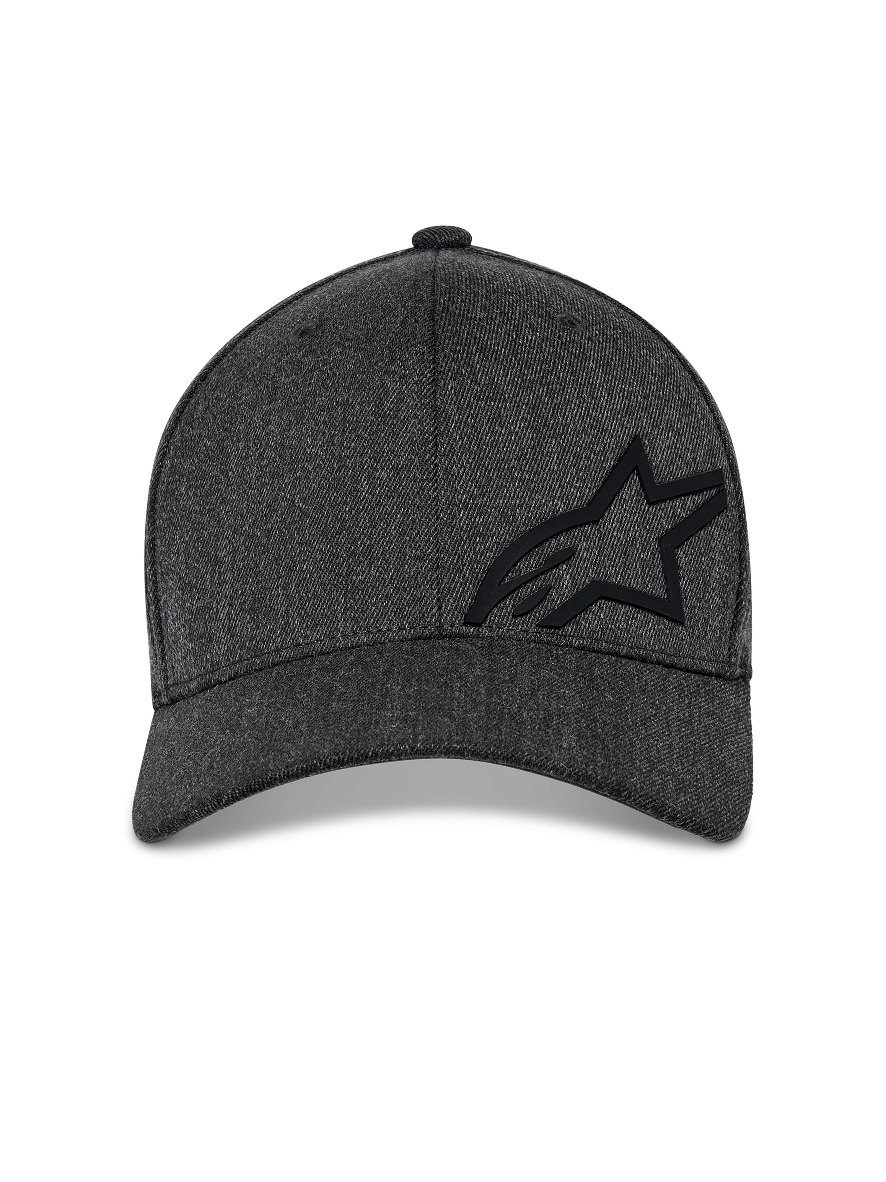 Alpinestars Corp Shift Multi pet, baseballcap, donkergrijs gemêleerd, vooraanzicht met een gestructureerde kroon, zwart 3D Astars-logo en gebogen klep, casual motorsport streetwear