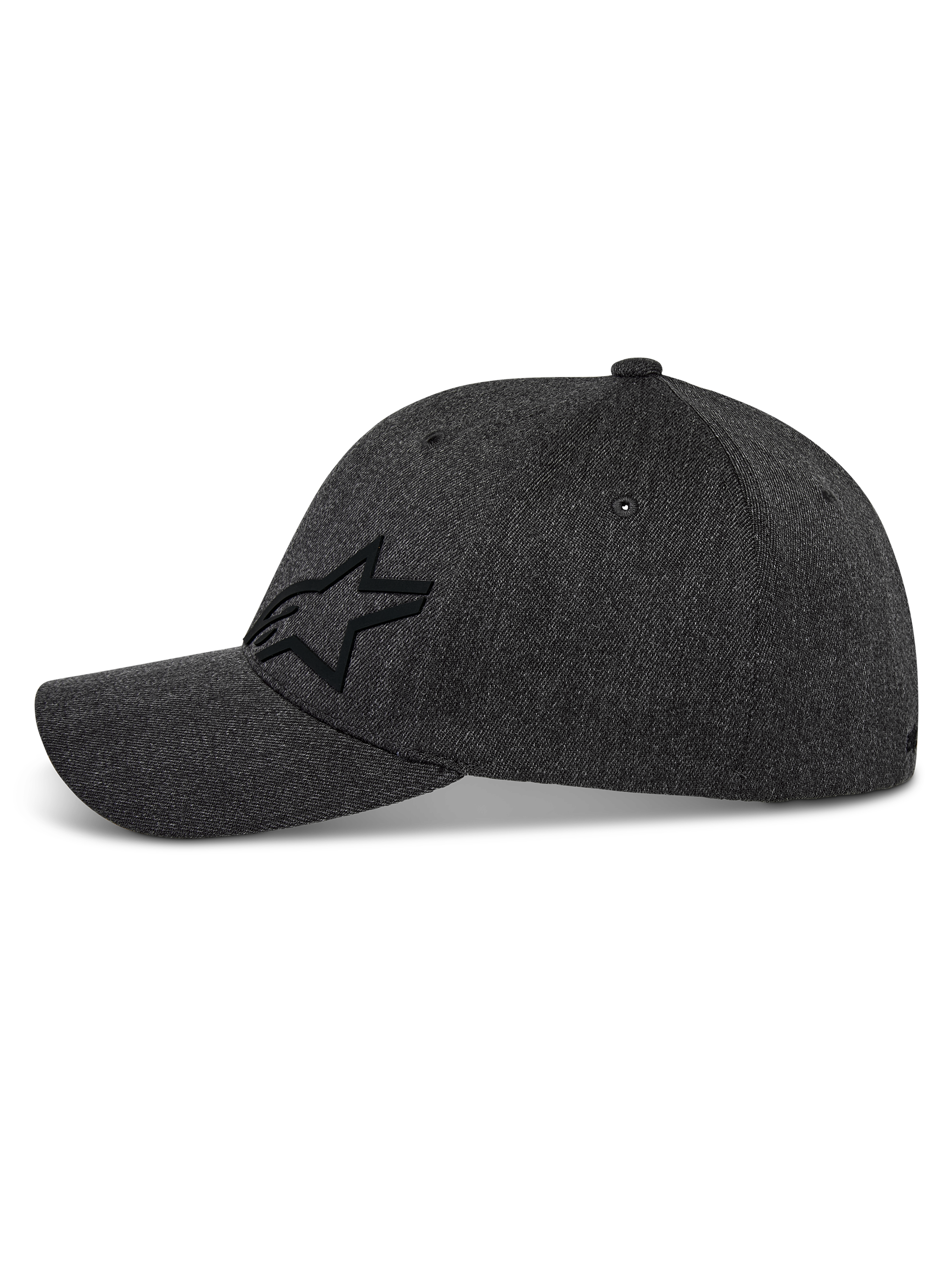 Alpinestars Corp Shift Multi pet, baseballcap, donkergrijs gemêleerd, zijaanzicht met zwart 3D Astars ster-logo, gebogen klep, gestructureerde kroon, stretch twill stof, casual motorsport-geïnspireerde hoofdbedekking