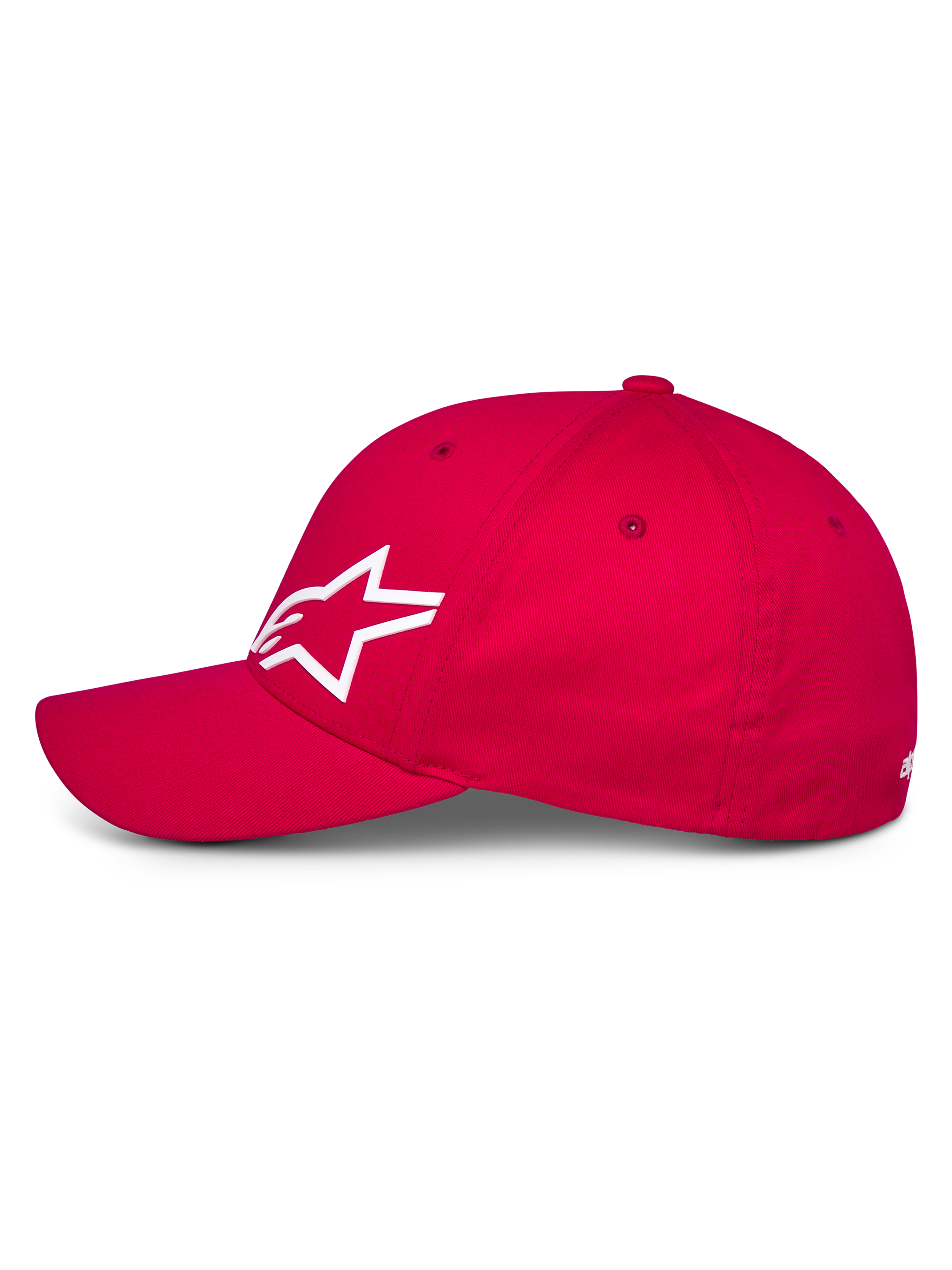 Alpinestars Corp Shift Multi pet, rode baseballcap, zijaanzicht met wit 3D Astars-logo, gebogen klep en gestructureerde kroon, casual motorsport hoofddeksel