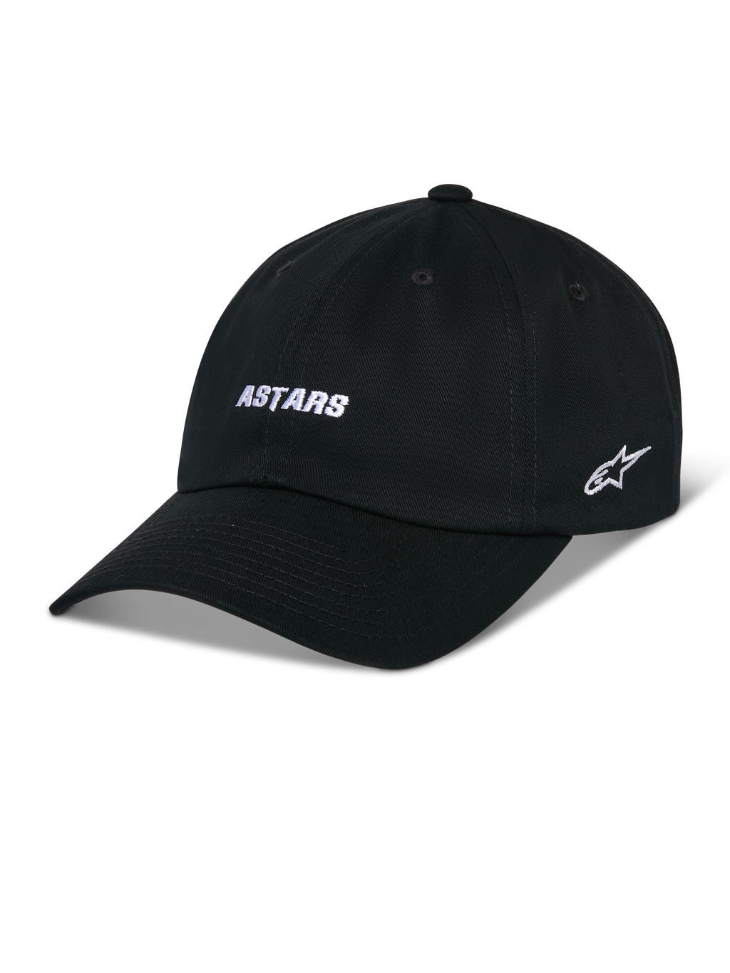 Alpinestars Deduce Strapback Kappe, schwarze Baseball-Kappe mit gebogenem Schirm, weiße ASTARS-Stickerei auf der Vorderseite und seitliches Stern-Logo, unstrukturierte niedrige Krone, Baumwoll-Twill-Gewebe