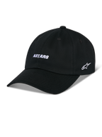 Alpinestars Deduce Strapback Kappe, schwarze Baseball-Kappe mit gebogenem Schirm, weiße ASTARS-Stickerei auf der Vorderseite und seitliches Stern-Logo, unstrukturierte niedrige Krone, Baumwoll-Twill-Gewebe