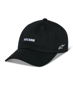 Alpinestars Deduce Strapback Hat, Black Baseball Cap with Curved Bill, White ASTARS Front Embroidery and Side Star Logo, Unstructured Low Crown, Cotton Twill Fabric