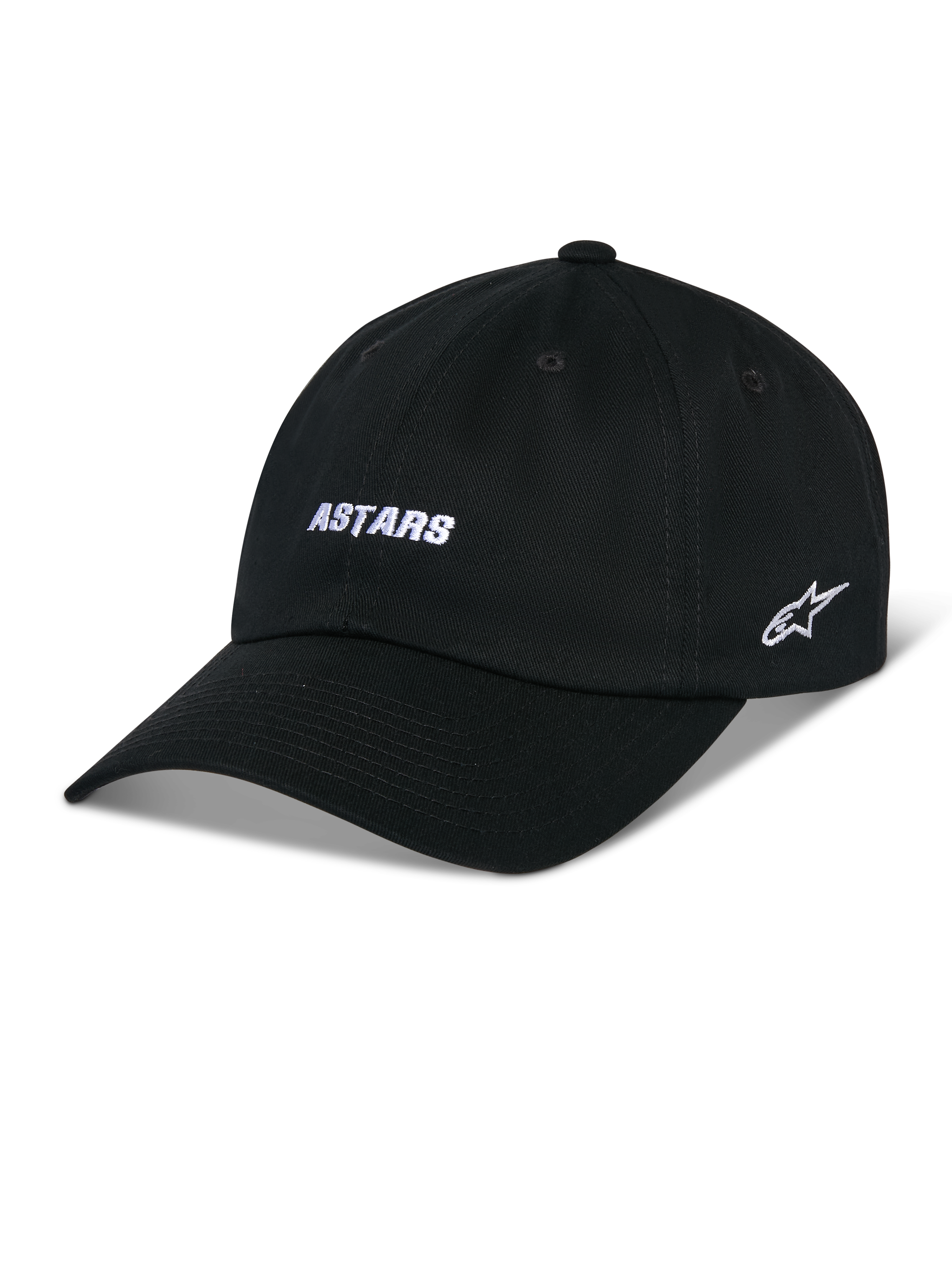 Alpinestars Deduce Strapback Hat, Black Baseball Cap with Curved Bill, White ASTARS Front Embroidery and Side Star Logo, Unstructured Low Crown, Cotton Twill Fabric