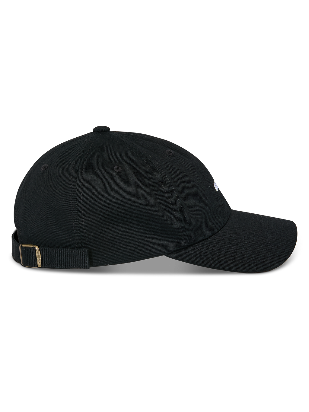 Alpinestars Deduce Strapback Mütze, Schwarz, Seitenansicht, gebogener Schirm mit unstrukturierter niedriger Krone, Baumwolltwill-Gewebe, verstellbarer Riemenverschluss mit Metallschnalle, lässige, vom Motorsport inspirierte Kopfbedeckung