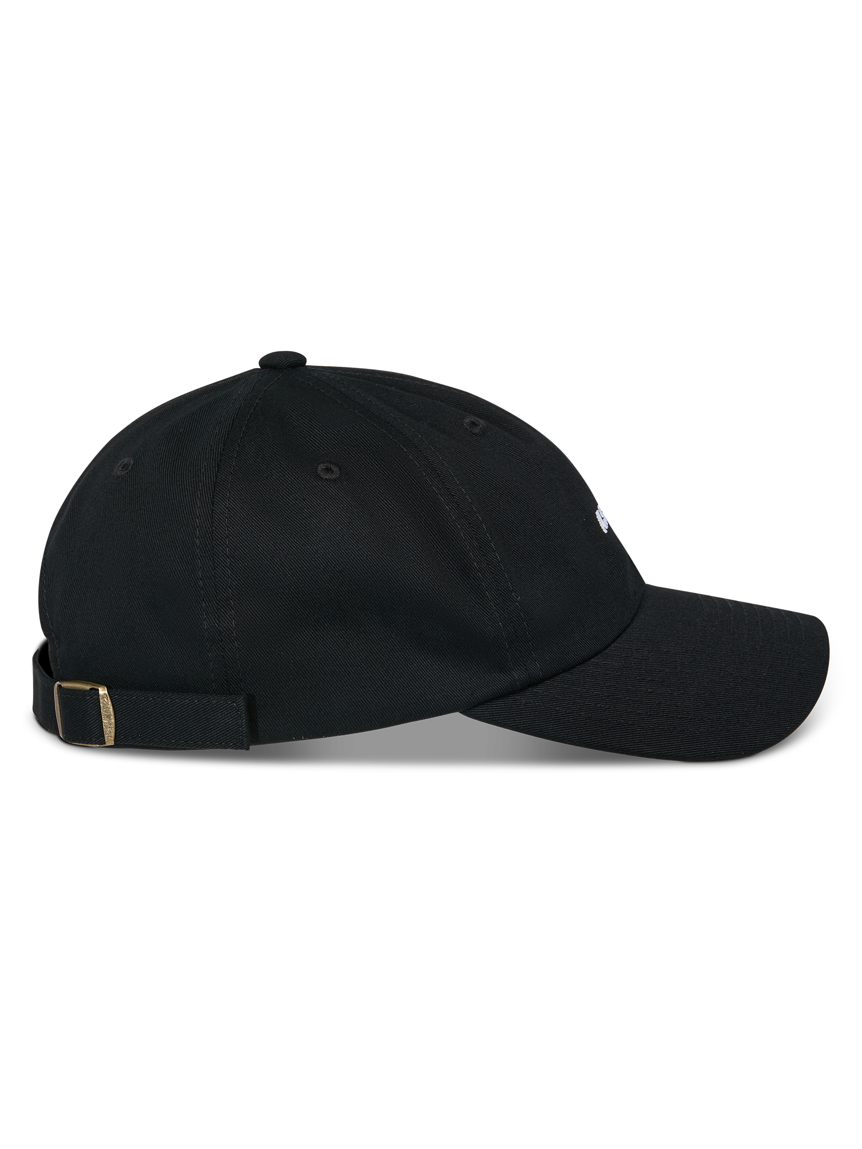 Alpinestars Deduce Strapback Mütze, Schwarz, Seitenansicht, gebogener Schirm mit unstrukturierter niedriger Krone, Baumwolltwill-Gewebe, verstellbarer Riemenverschluss mit Metallschnalle, lässige, vom Motorsport inspirierte Kopfbedeckung