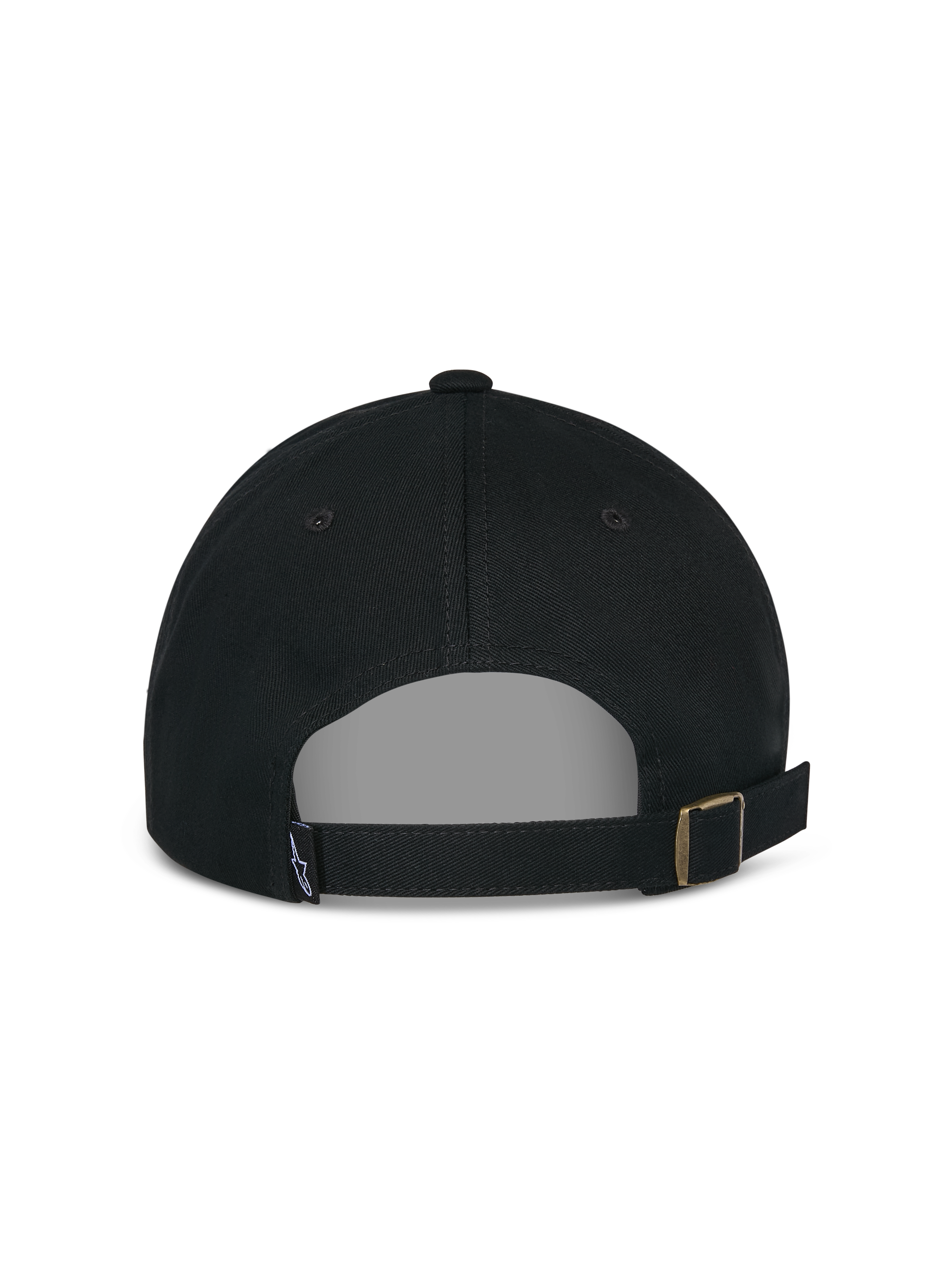 Alpinestars Deduce Strapback Mütze, Schwarz, Rückansicht mit verstellbarem Riemenverschluss und Metallschnalle sowie kleinem Logo-Etikett, lässige Cap aus Baumwolltwill