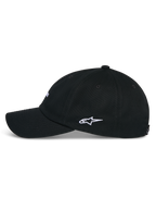 Alpinestars Deduce Strapback Mütze, Schwarz, Seitenansicht mit gebogenem Schirm und weißer Astars Logo-Stickerei an der Seite, lässige Kopfbedeckung aus Baumwoll-Twill