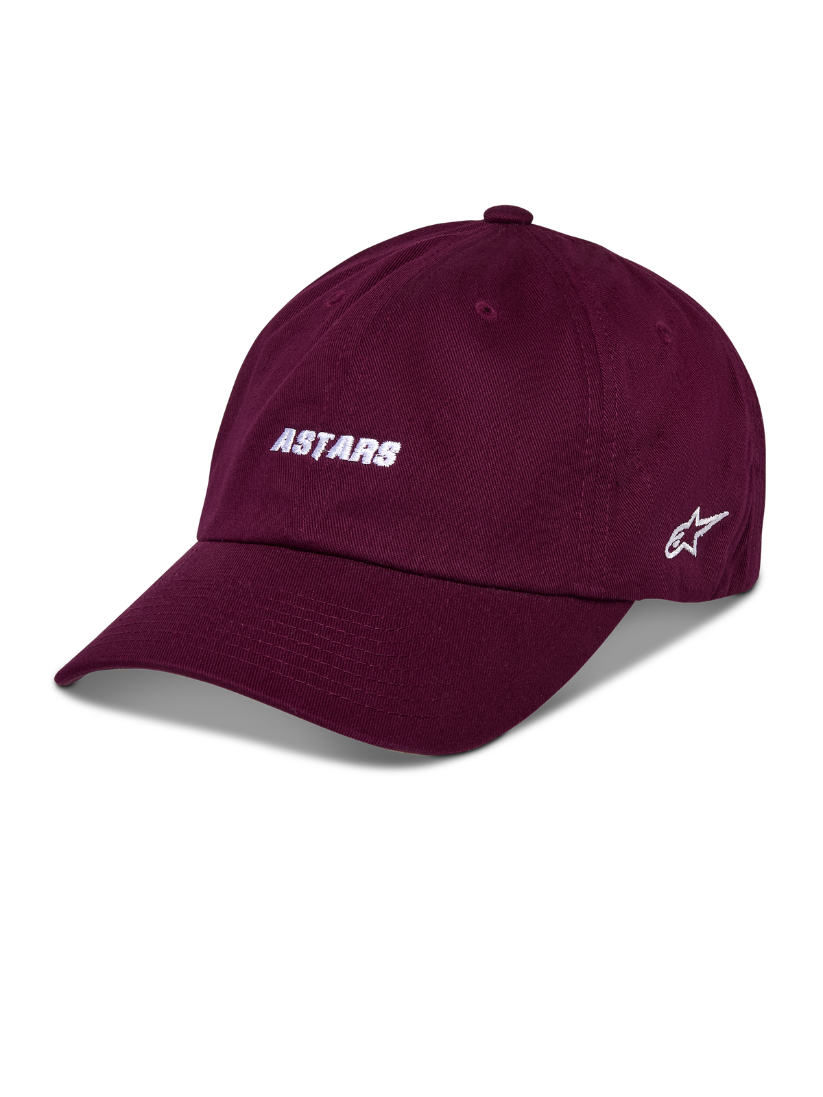 Alpinestars Casquette Deduce Strapback, casquette de baseball bordeaux, broderie blanche « ASTARS » à l'avant, logo étoile sur le côté, visière courbée, streetwear décontracté motorsport