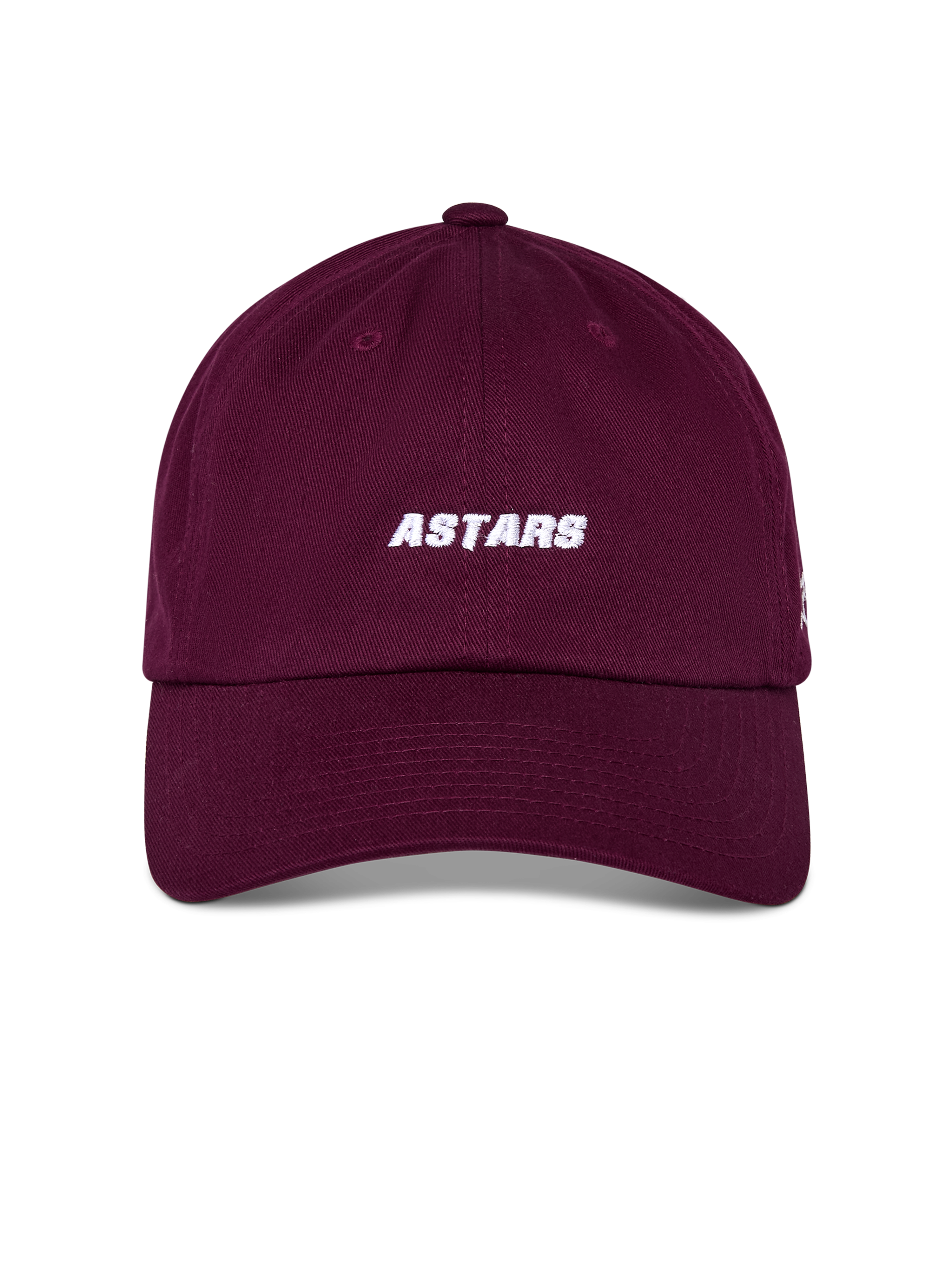 Alpinestars Deduce Strapback Hat, Burgundy, front white ASTARS embroidery, curved bill with unstructured low crown, casual sportswear headwear