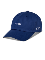 Alpinestars Deduce Strapback Kappe, blaue Baseballkappe, weiß gestickter ASTARS-Schriftzug und seitliches Stern-Logo, gebogener Schirm, lässige Motorsport-Streetwear
