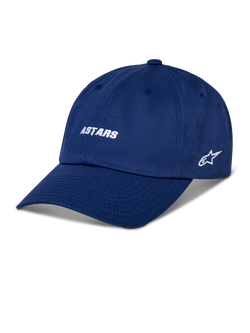 Alpinestars Deduce Strapback Kappe, blaue Baseballkappe, weiß gestickter ASTARS-Schriftzug und seitliches Stern-Logo, gebogener Schirm, lässige Motorsport-Streetwear