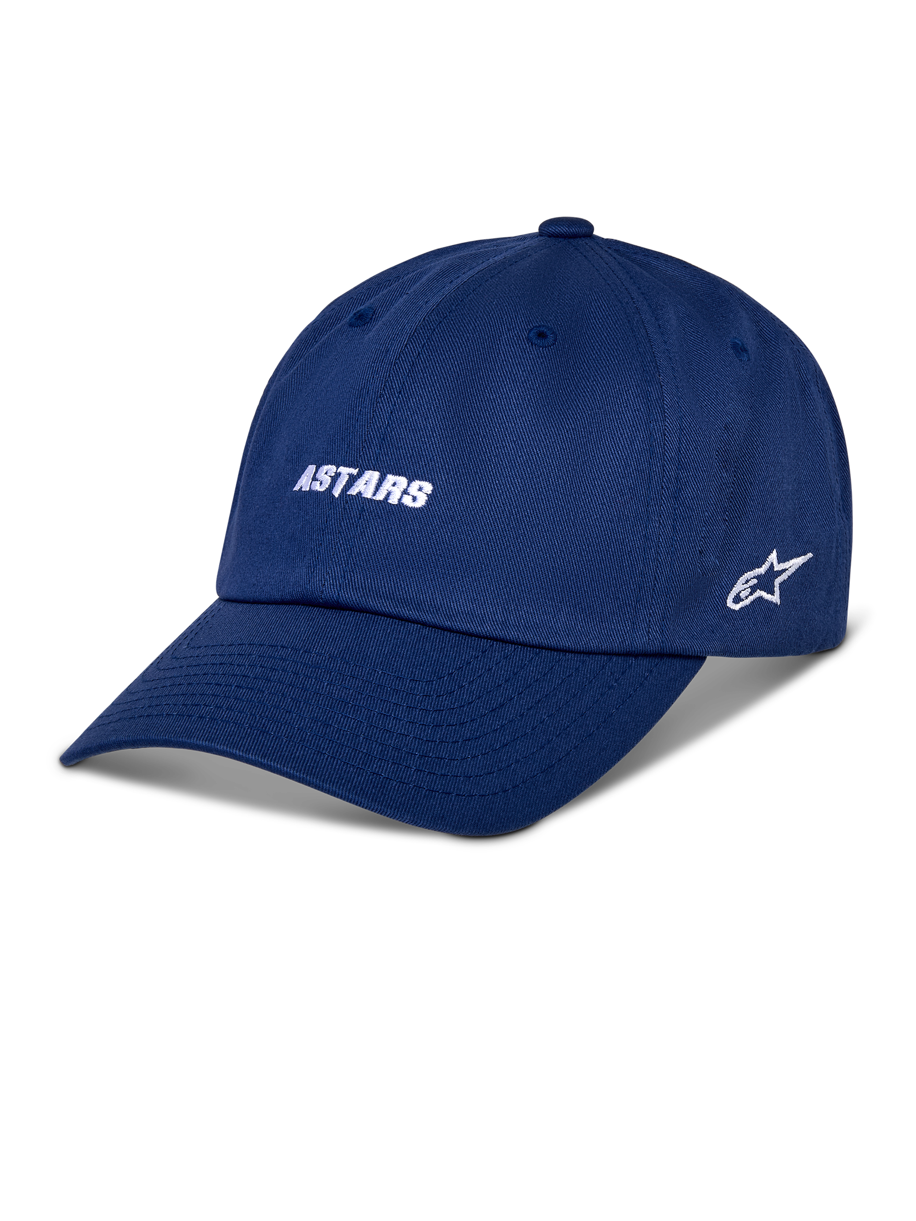 Alpinestars Deduce Strapback Kappe, blaue Baseballkappe, weiß gestickter ASTARS-Schriftzug und seitliches Stern-Logo, gebogener Schirm, lässige Motorsport-Streetwear