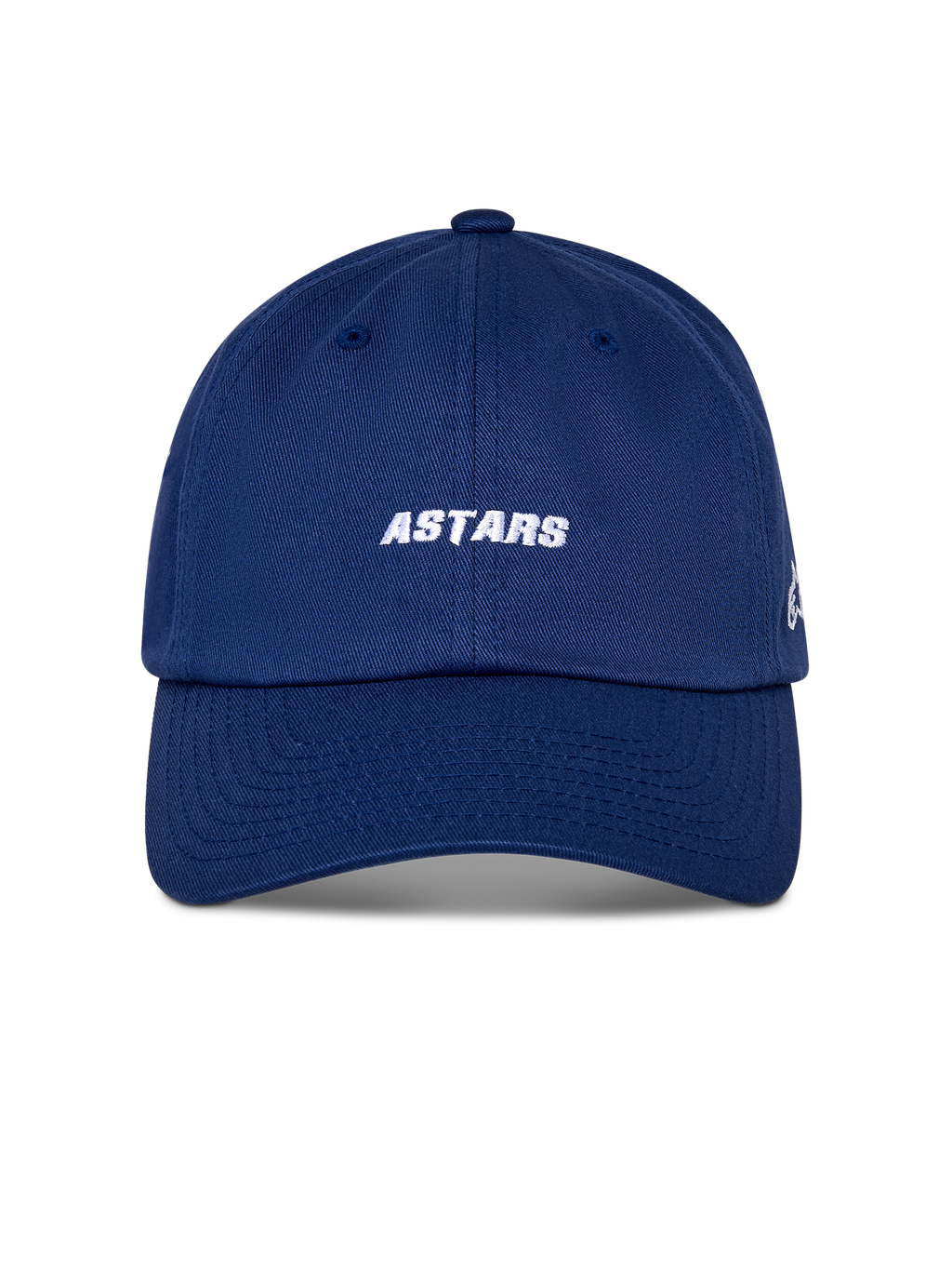Alpinestars Deduce Strapback Mütze, Sport-Cap, Blau, weiße ASTARS Wortmarken-Stickerei auf der Vorderseite, gebogener Schirm, unstrukturierte niedrige Krone, lässige vom Motorsport inspirierte Kopfbedeckung