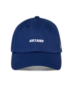 Alpinestars Deduce Strapback Mütze, Sport-Cap, Blau, weiße ASTARS Wortmarken-Stickerei auf der Vorderseite, gebogener Schirm, unstrukturierte niedrige Krone, lässige vom Motorsport inspirierte Kopfbedeckung