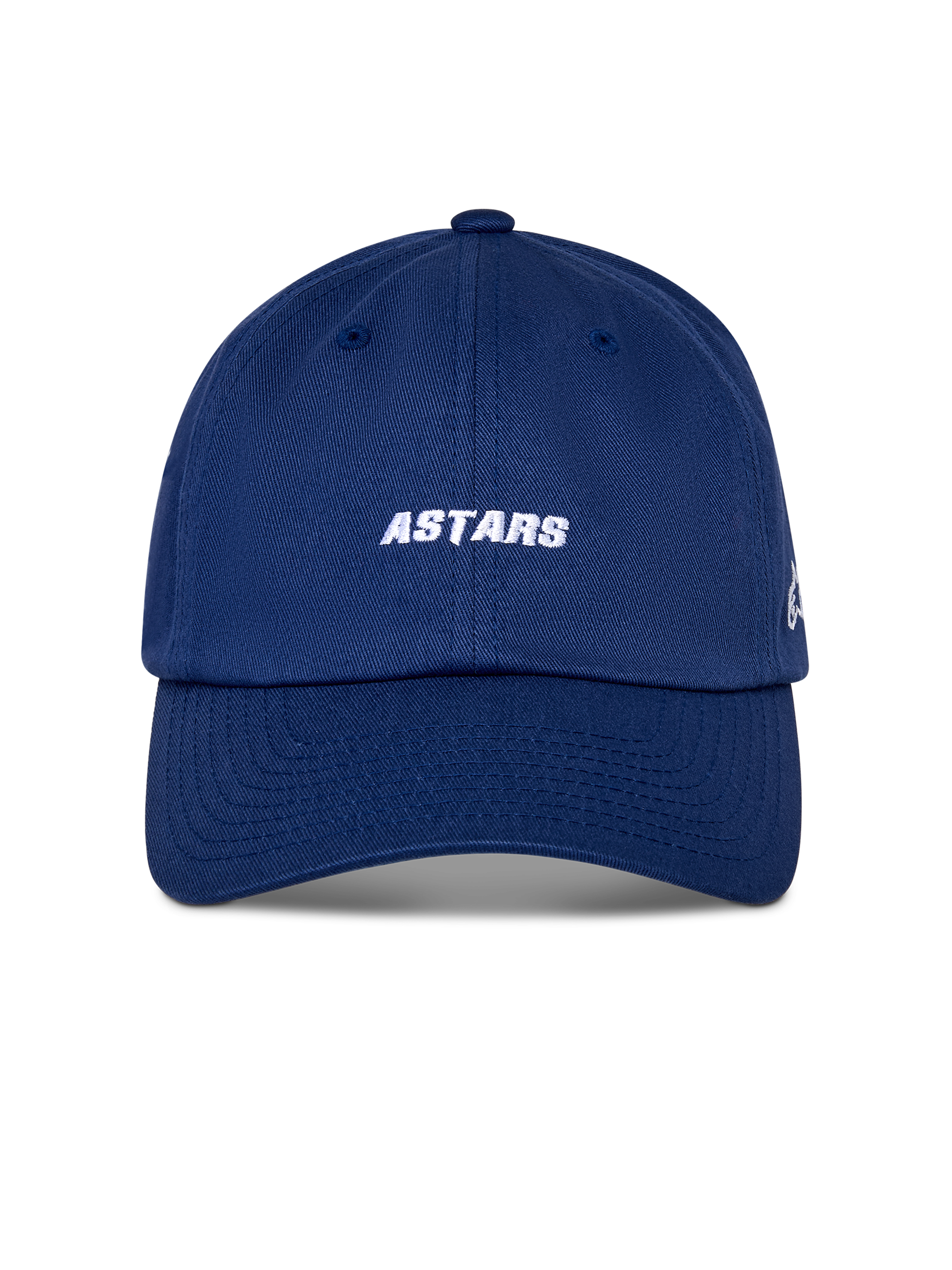 Alpinestars Deduce Strapback Mütze, Sport-Cap, Blau, weiße ASTARS Wortmarken-Stickerei auf der Vorderseite, gebogener Schirm, unstrukturierte niedrige Krone, lässige vom Motorsport inspirierte Kopfbedeckung