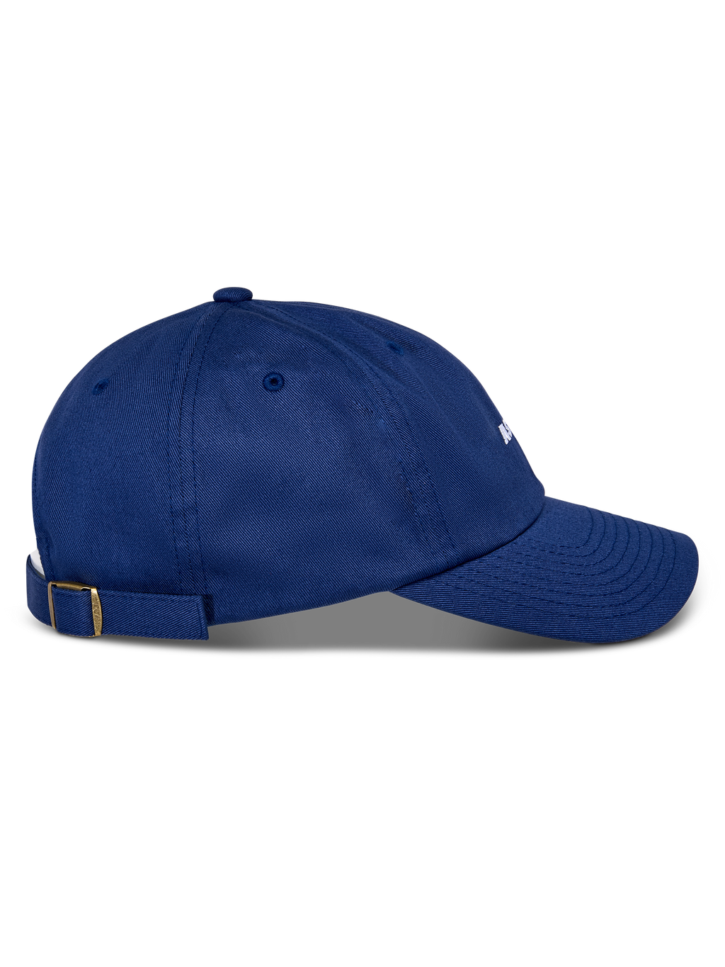 Alpinestars Deduce Strapback Mütze, Blau, Seitenansicht, gebogener Schirm, verstellbarer Riemenverschluss mit Messingschnalle, Baumwolltwill-Konstruktion, lässige Kopfbedeckung mit weißer Stickerei