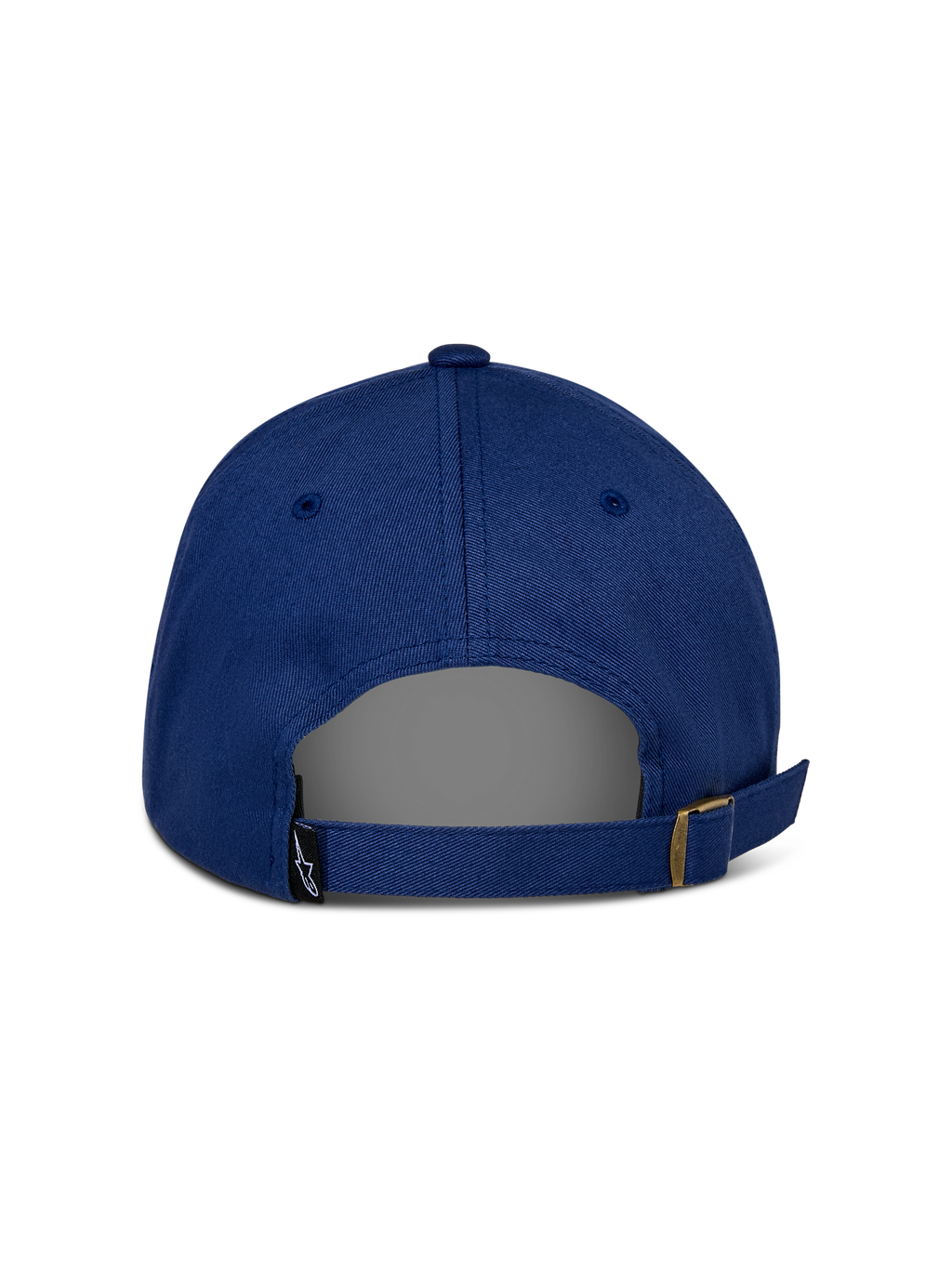 Alpinestars Deduce Strapback Mütze, Blau, Rückansicht mit verstellbarem Riemenverschluss und Metallschnalle, kleines schwarzes Astars-Logo-Etikett, lässige Baumwoll-Twill-Konstruktion