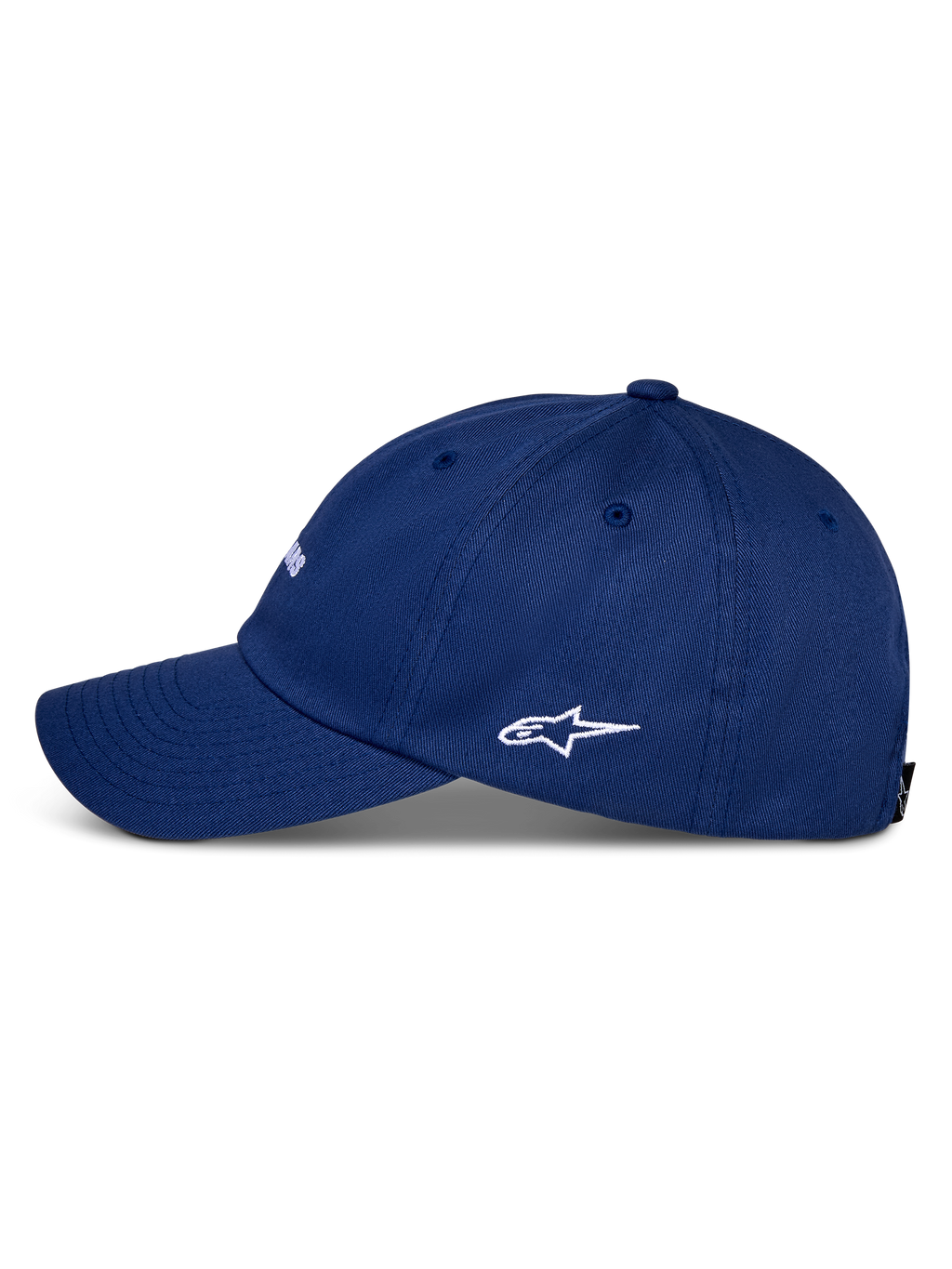 Alpinestars Deduce Strapback Mütze, Blau, Seitenansicht mit gebogenem Schirm und weiß gesticktem Astars-Logo, Baumwolltwill-Konstruktion, lässige Sportbekleidung