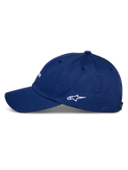 Alpinestars Deduce Strapback Mütze, Blau, Seitenansicht mit gebogenem Schirm und weiß gesticktem Astars-Logo, Baumwolltwill-Konstruktion, lässige Sportbekleidung