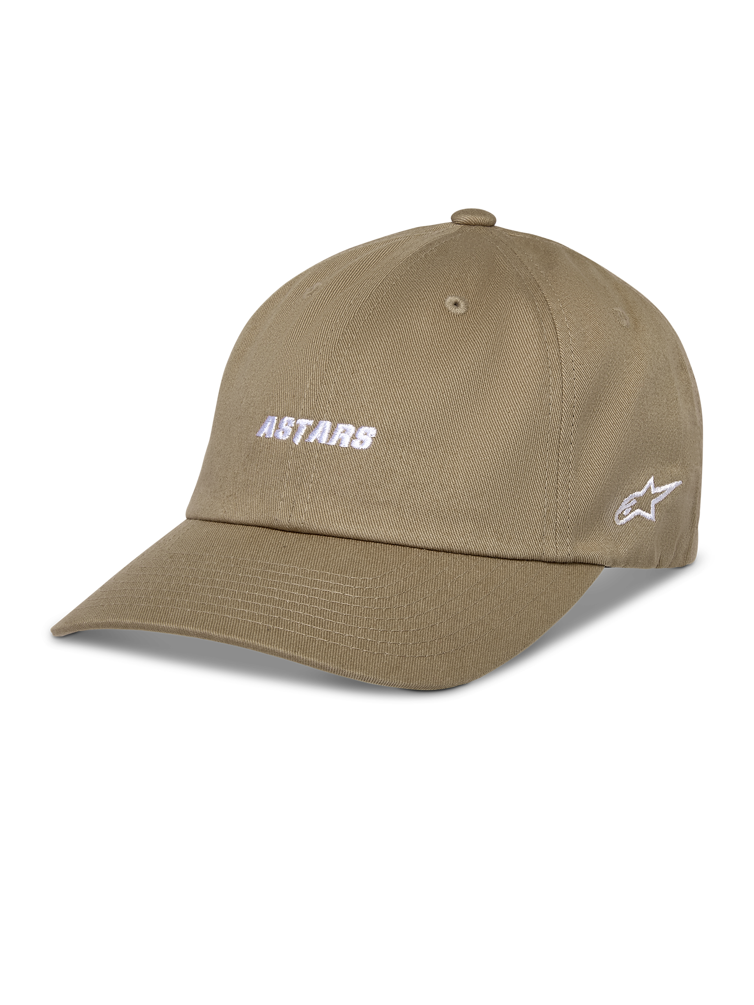 Alpinestars Deduce Strapback Hat, Khaki Baseball-Cap, weiße ASTARS-Stickerei vorne und seitliches Stern-Logo, gebogener Schirm, Baumwoll-Twill, lässige Sportbekleidung