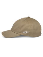 Alpinestars Deduce Strapback Hat, Khaki, side profile view featuring white embroidered Astars logo, curved bill, cotton twill construction, casual motorsport streetwear
