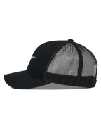 Alpinestars Reflect Ageless Trucker Hat, side profile, Black, curved bill with structured crown, breathable mesh back panels, reflective logo detail, casual motorsport headwear