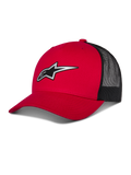 Alpinestars Reflect Ageless Trucker Hat, rote und schwarze Baseballkappe, gebogener Schirm mit reflektierendem Astars-Logo, schwarze Mesh-Rückseite, strukturiertes Design